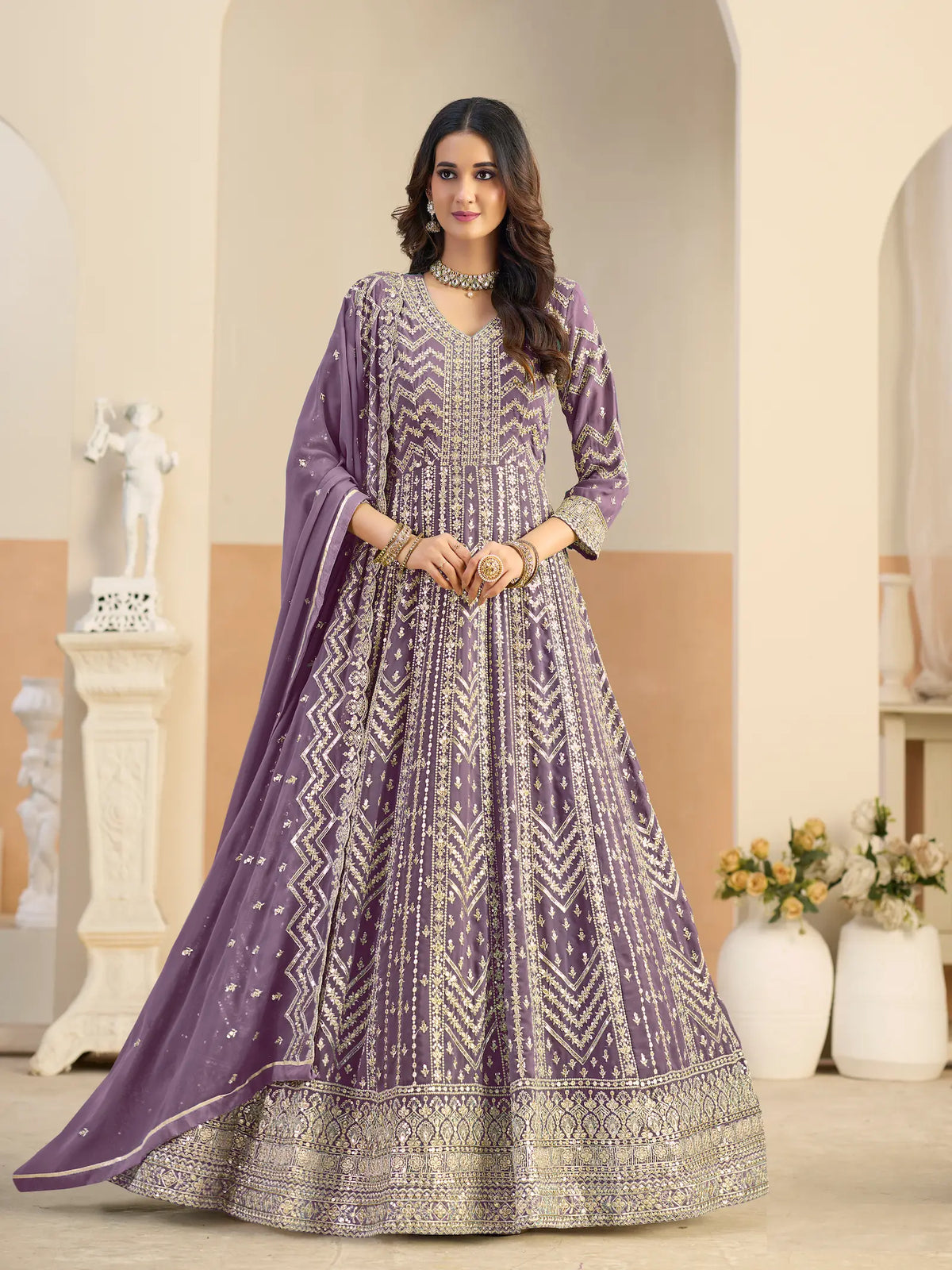 Lavender Georgette Embroidery Gown