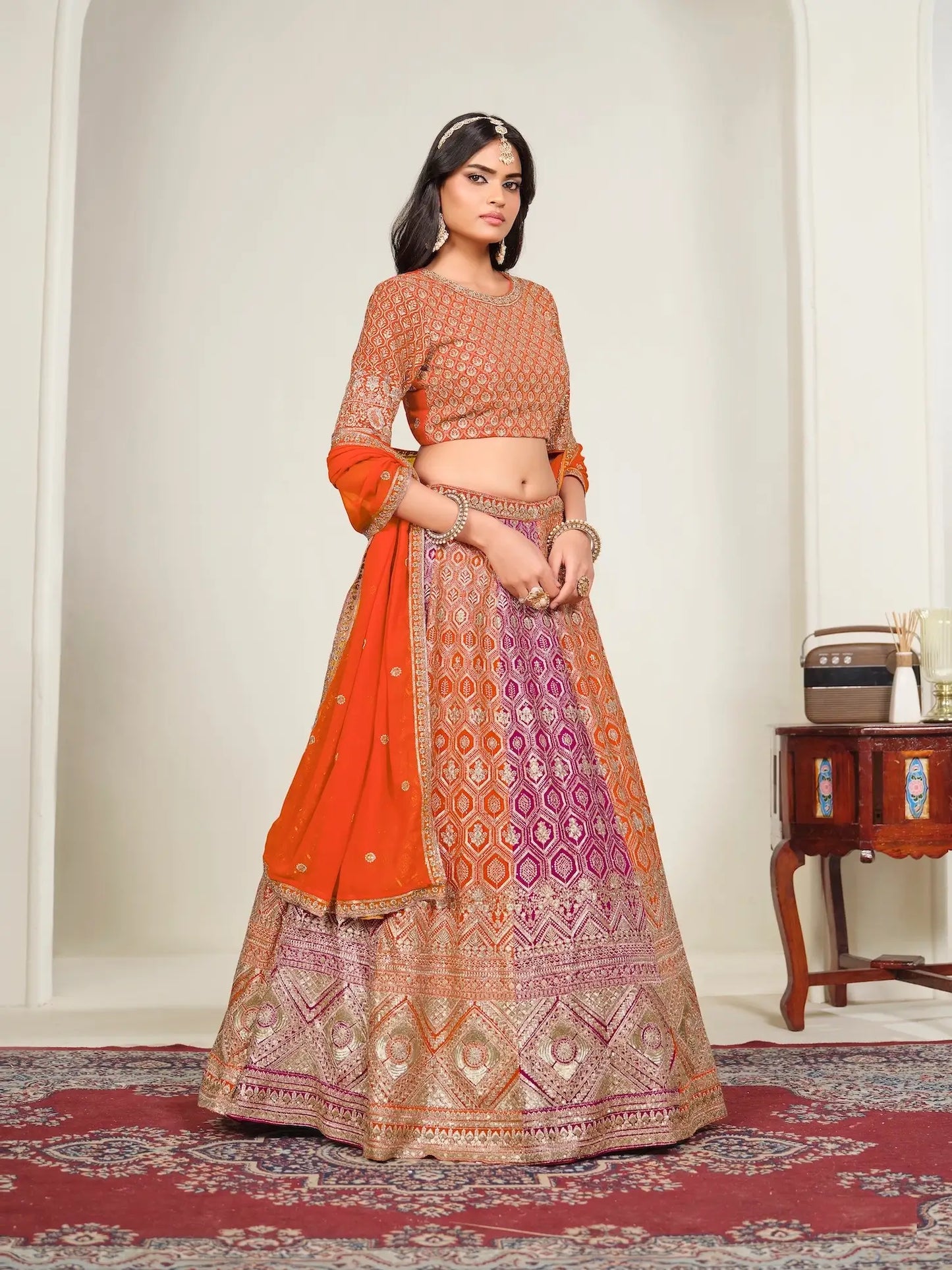 Deep Orange Embroidery Lehenga Choli