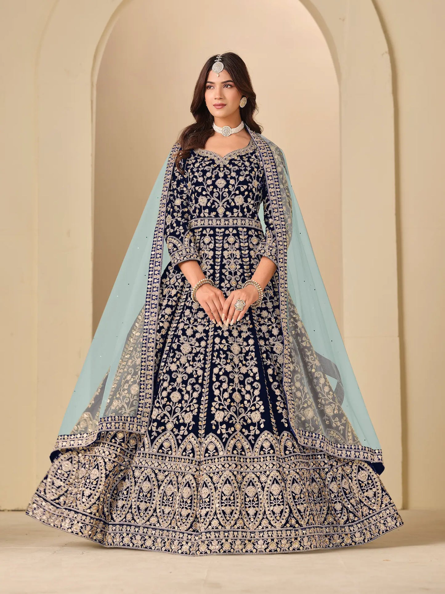 Navy Blue Velvet Heavy Embroidered Gown
