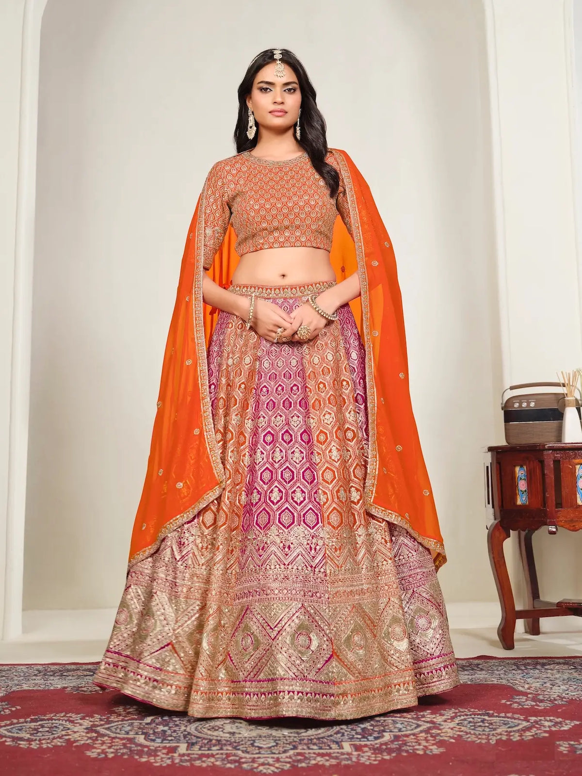 Deep Orange Embroidery Lehenga Choli