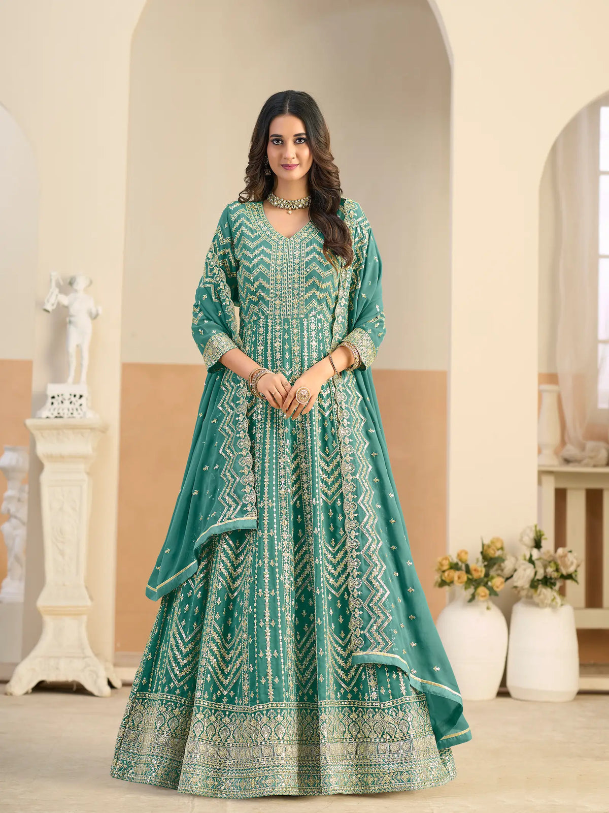 Aqua Blue Georgette Embroidery Gown