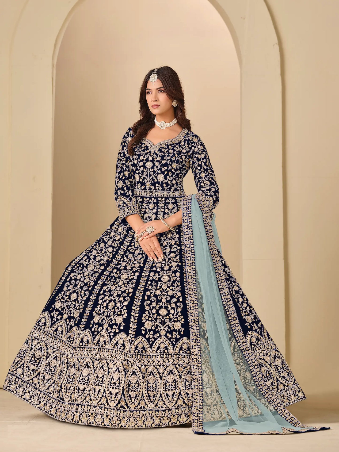Navy Blue Velvet Heavy Embroidered Gown