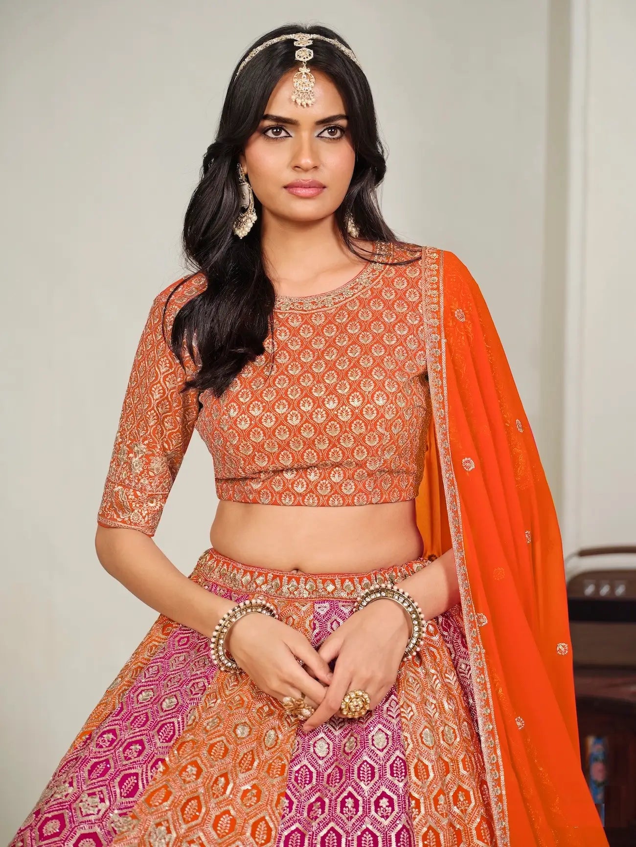 Deep Orange Embroidery Lehenga Choli