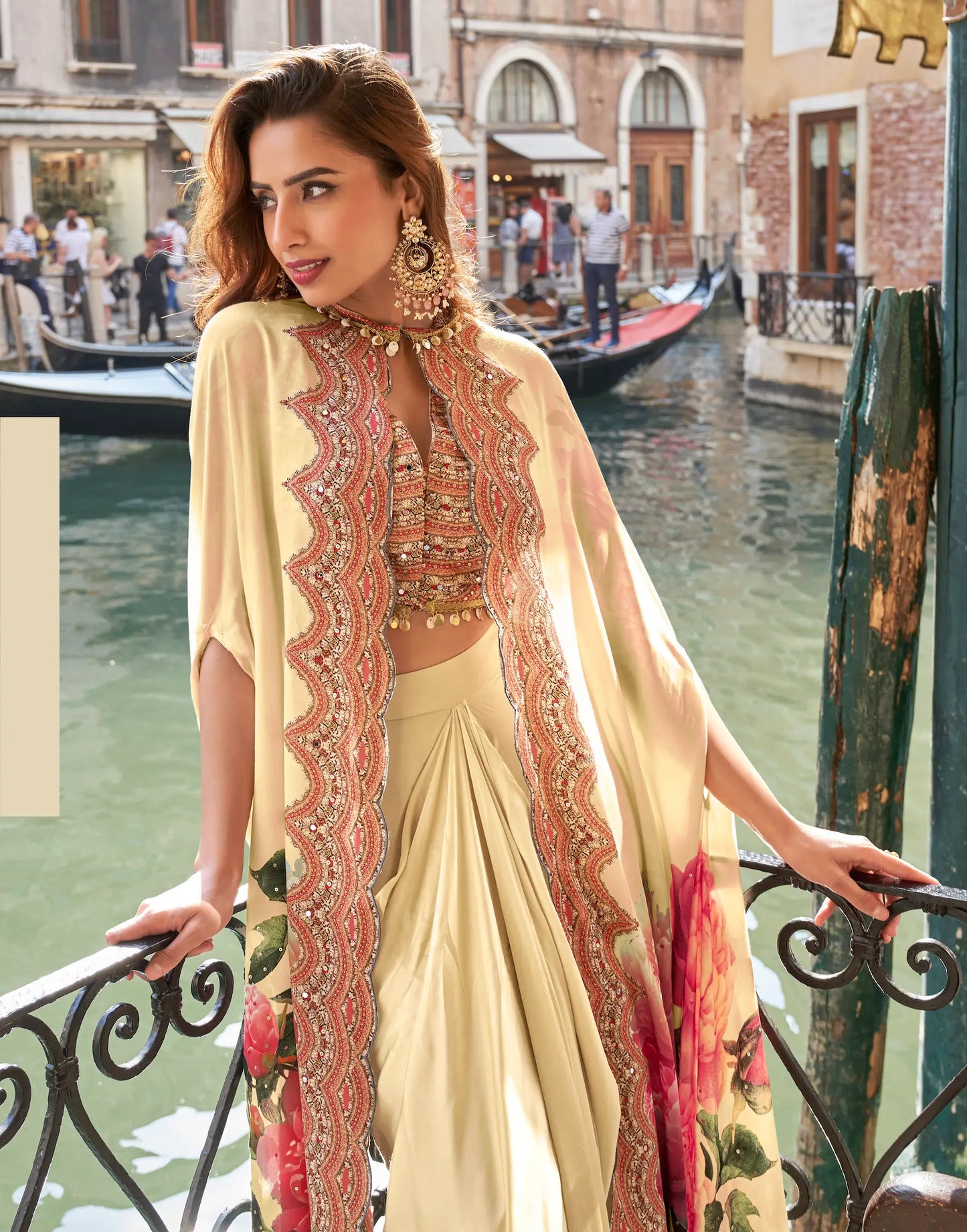 Tan Beige Indo Western Set With Print & Hand Work