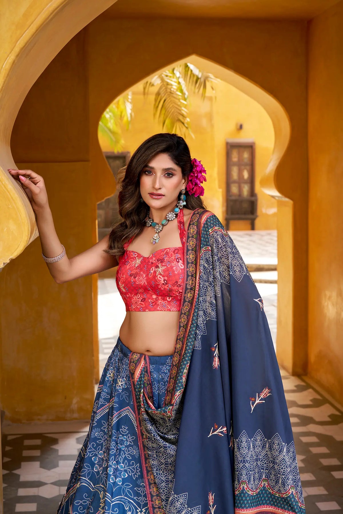 Dusky Blue Silk Printed Lehenga Choli