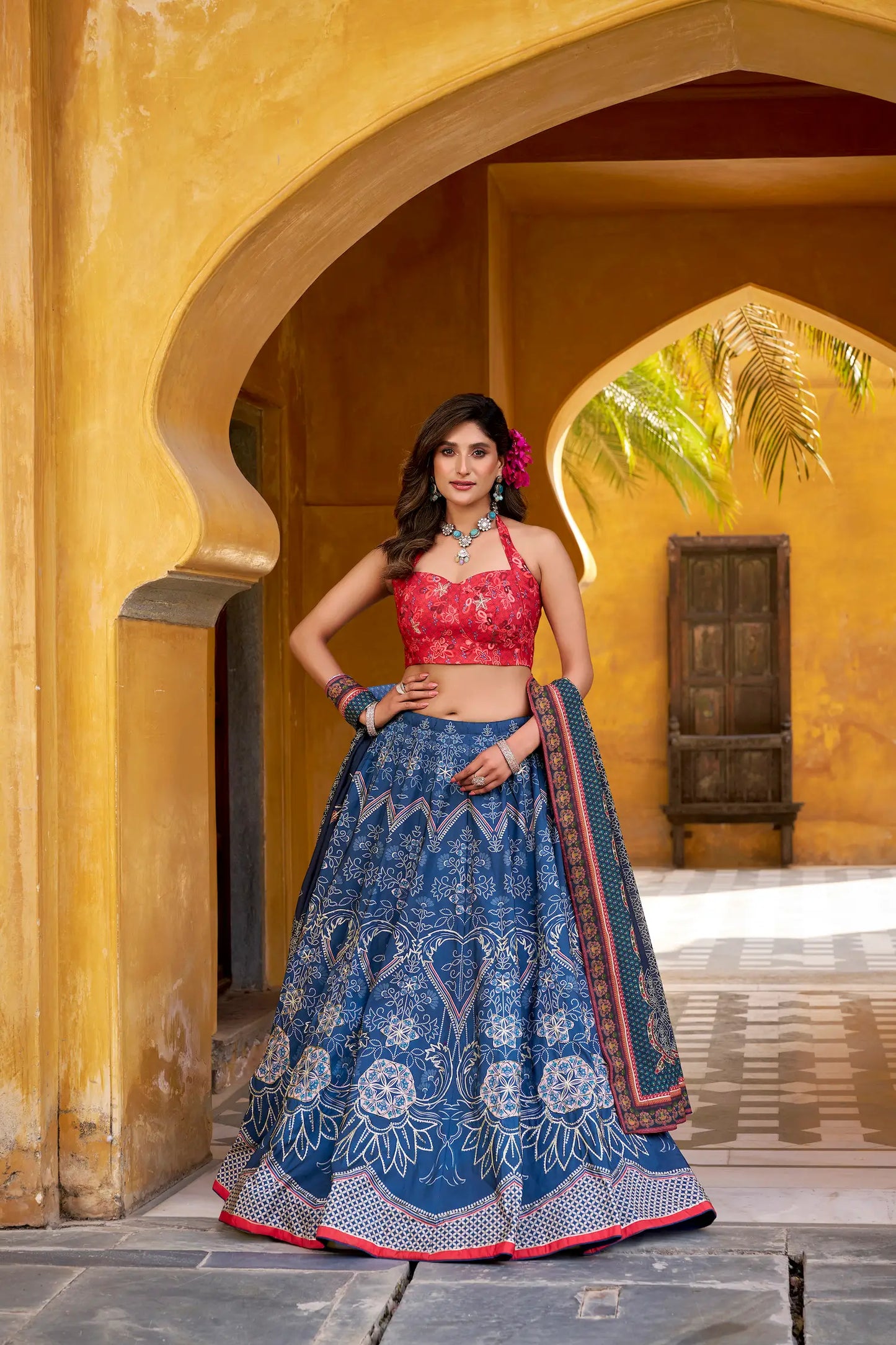 Dusky Blue Silk Printed Lehenga Choli