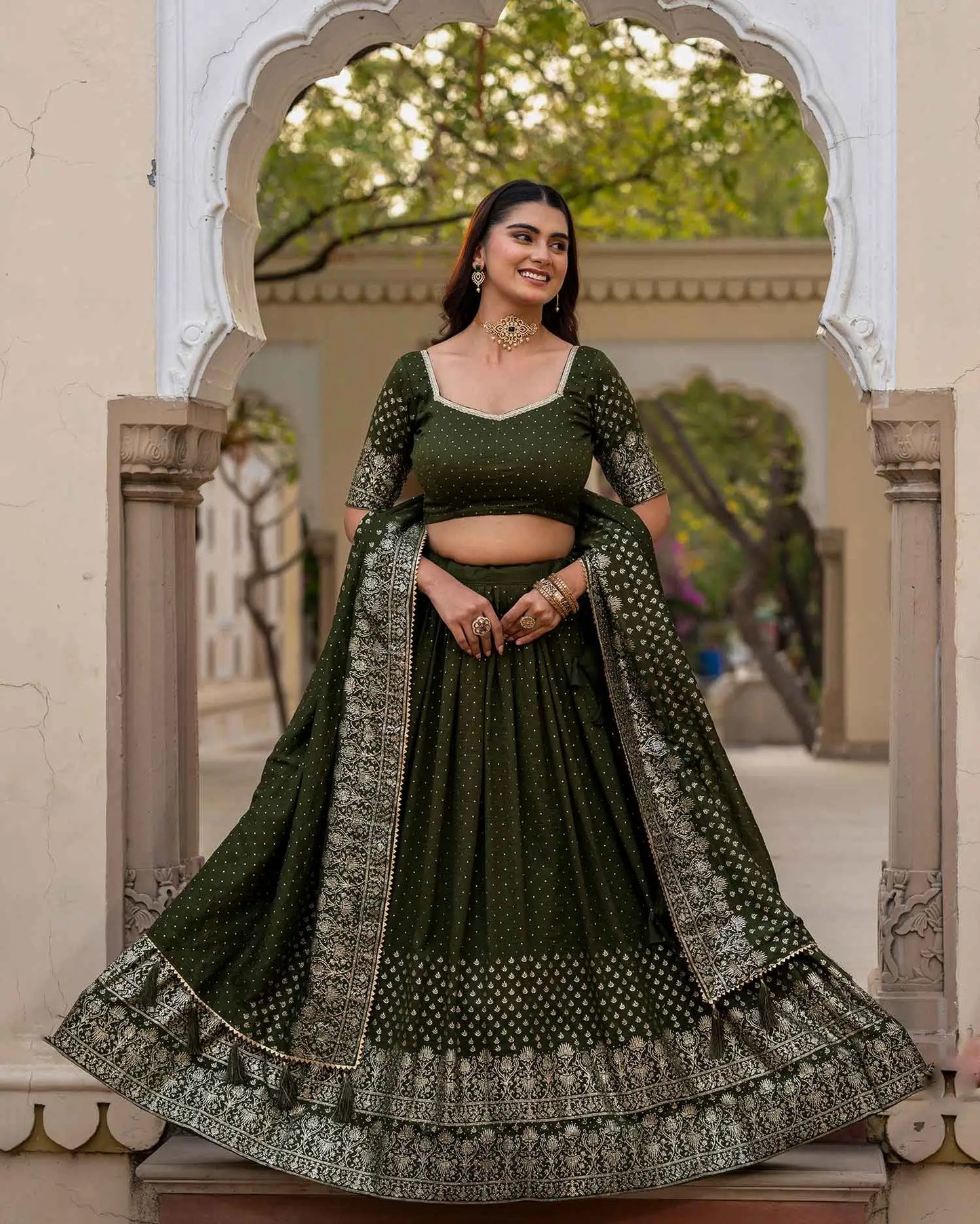 Mehndi Lehenga With Foil Print & Swarovski