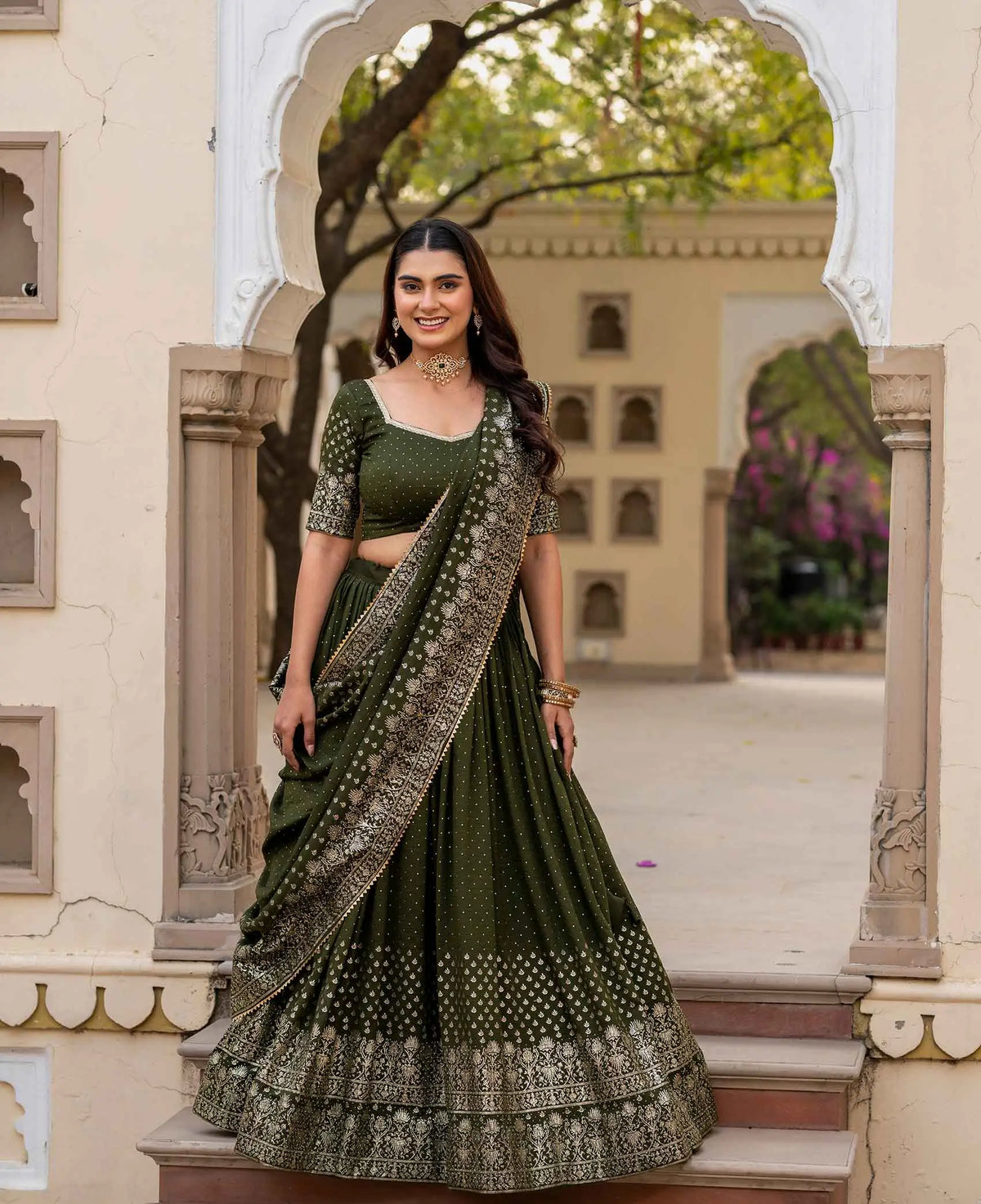 Mehndi Lehenga With Foil Print & Swarovski