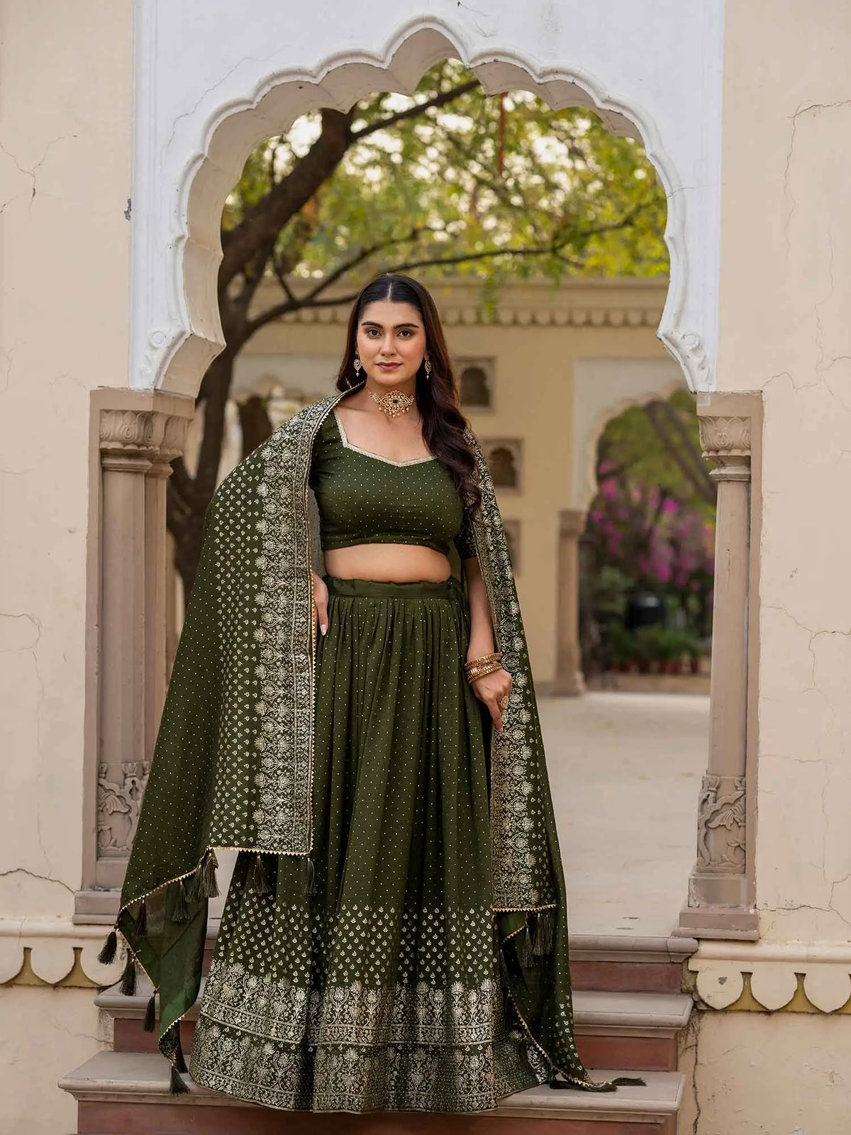 Mehndi Lehenga With Foil Print & Swarovski