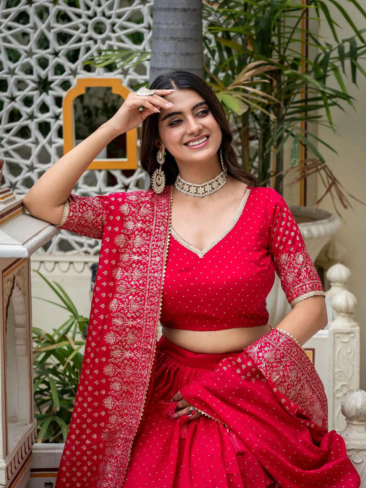 Rani Pink Lehenga With Foil Print & Swarovski