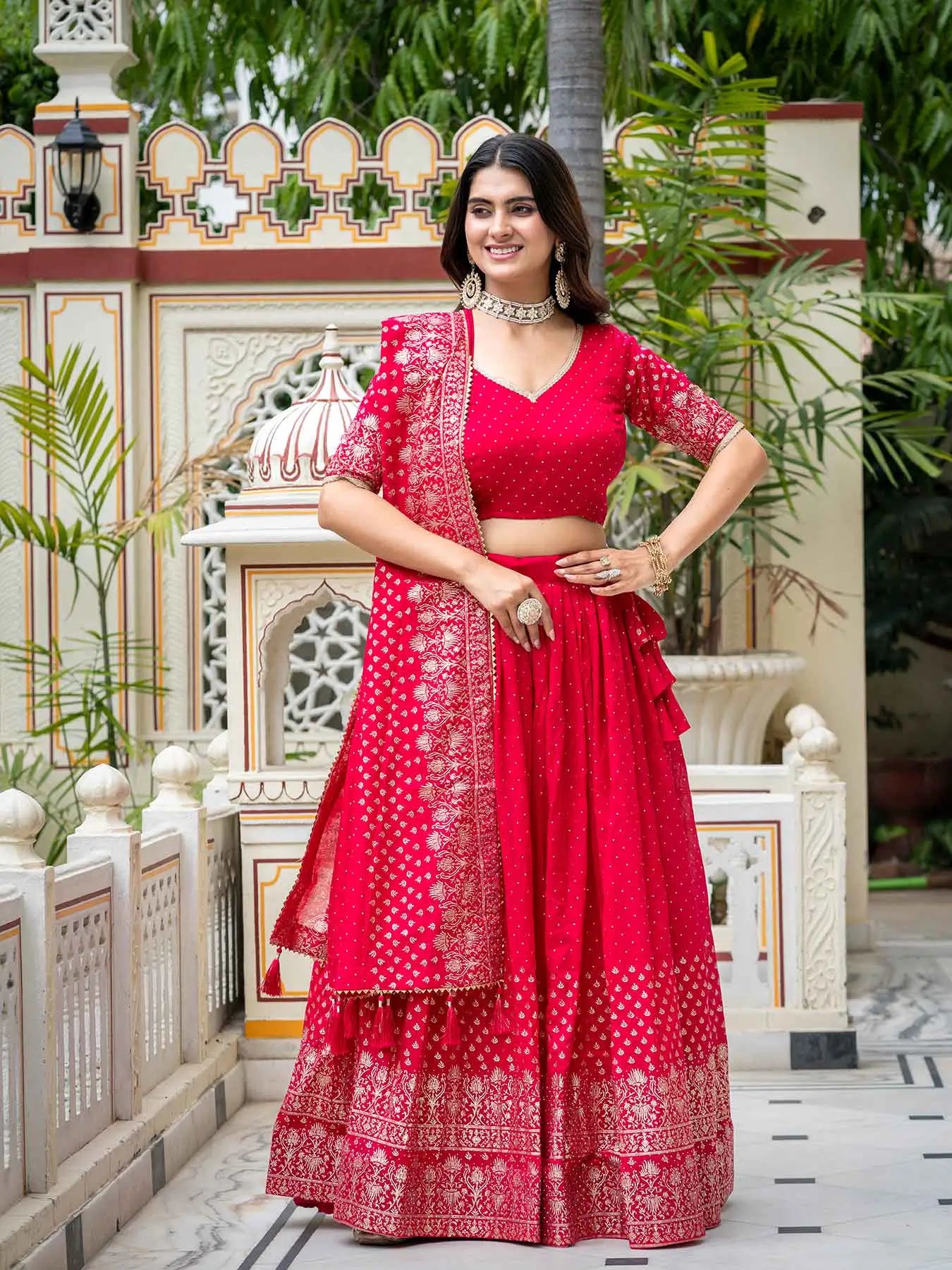 Rani Pink Lehenga With Foil Print & Swarovski