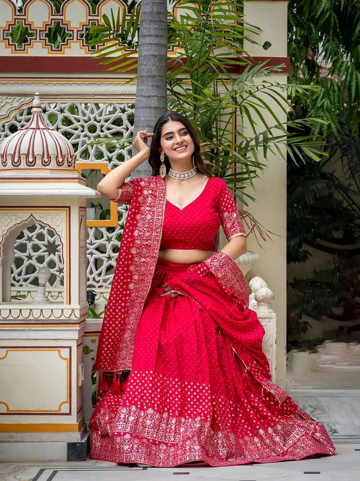 Rani Pink Lehenga With Foil Print & Swarovski