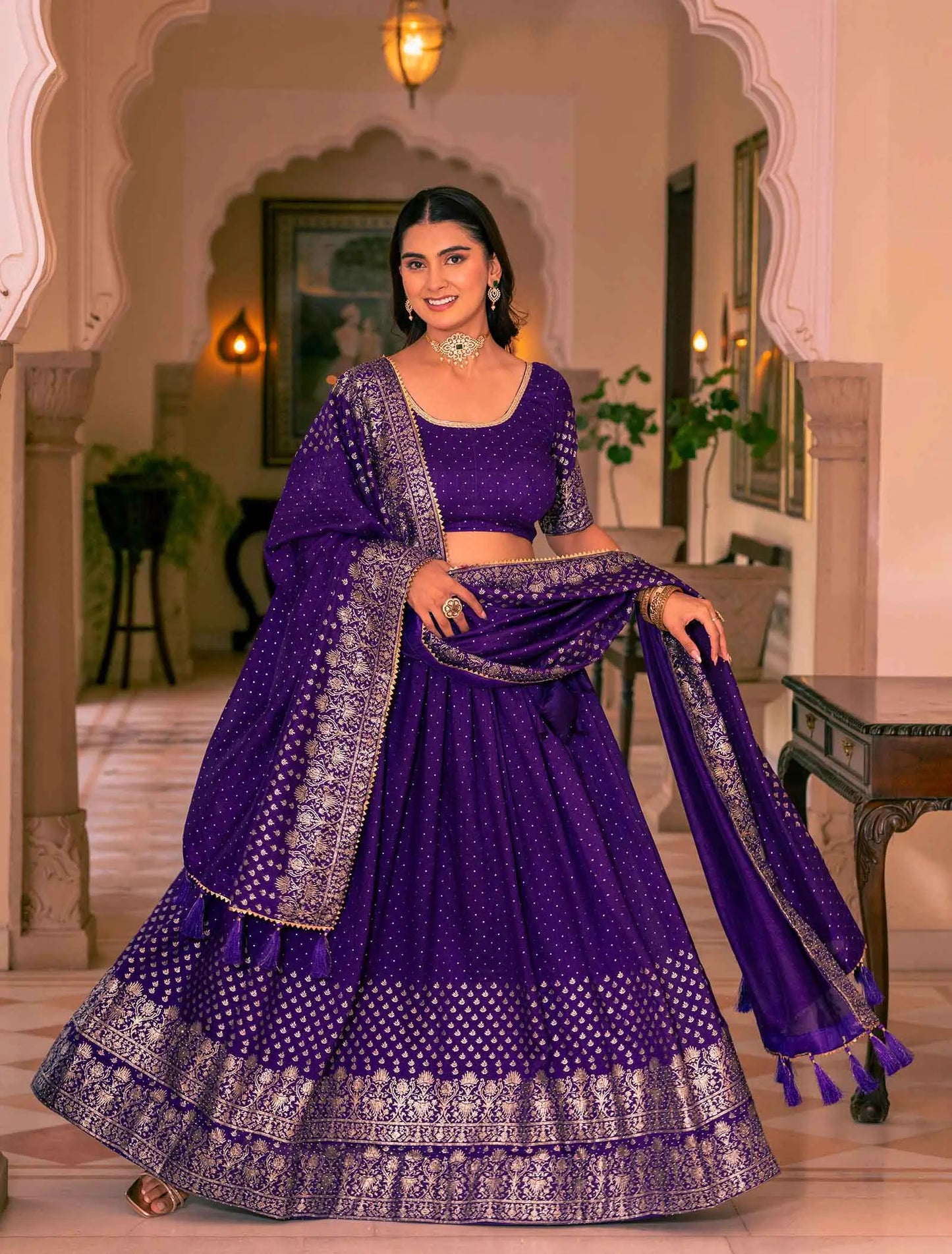 Purple Lehenga With Foil Print & Swarovski Work
