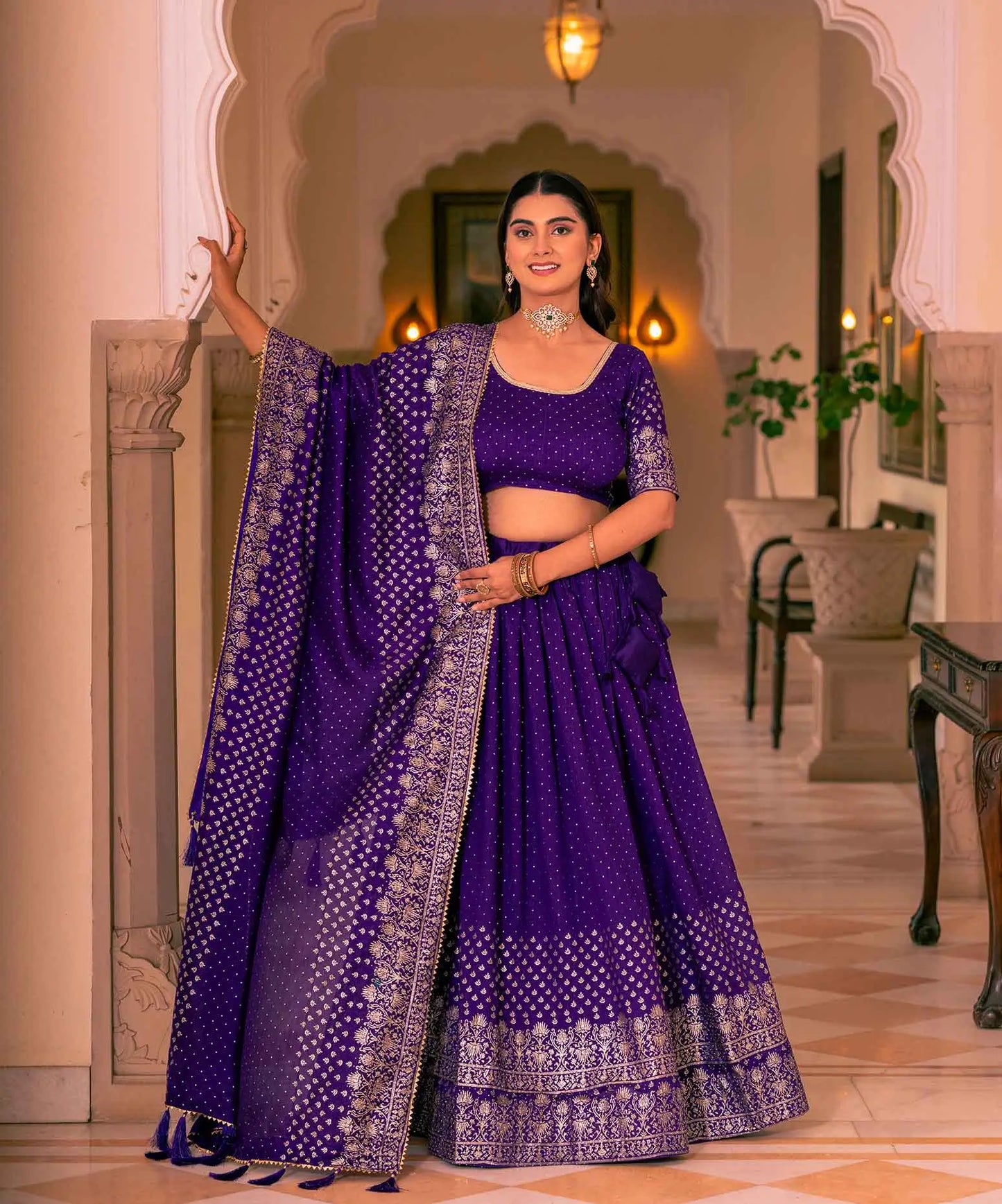 Purple Lehenga With Foil Print & Swarovski Work