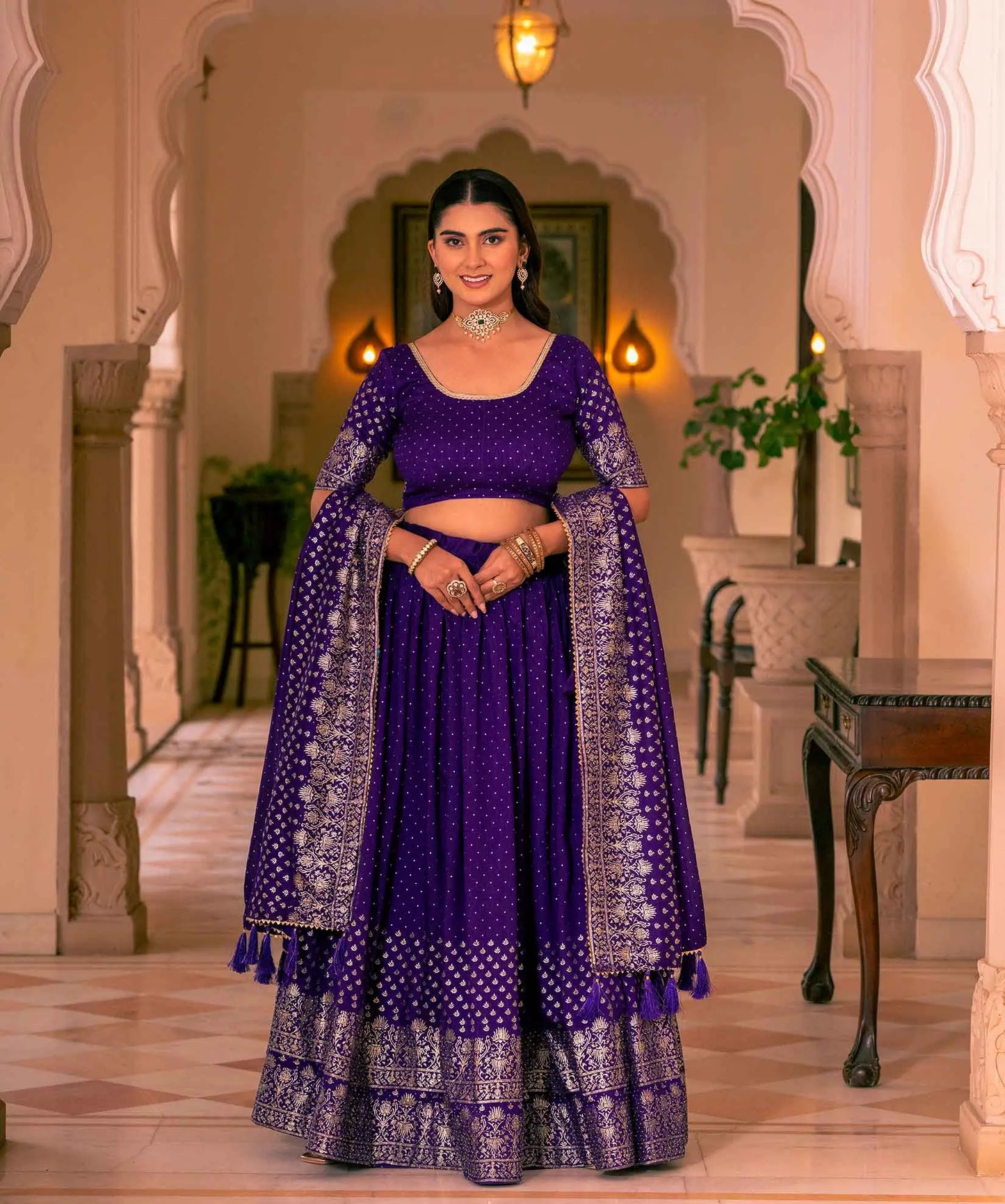 Purple Lehenga With Foil Print & Swarovski Work
