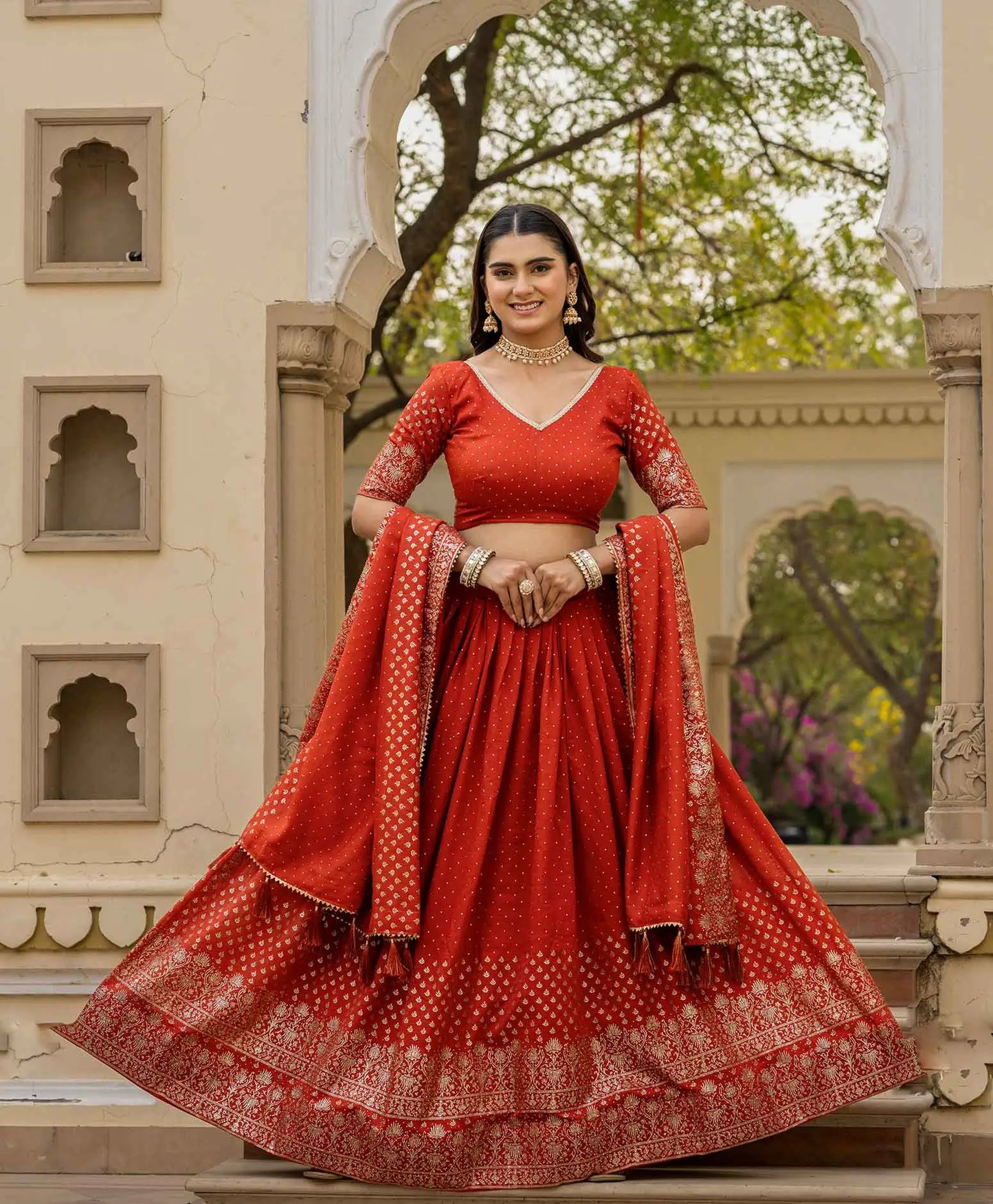 Rust Lehenga With Foil Print & Swarovski