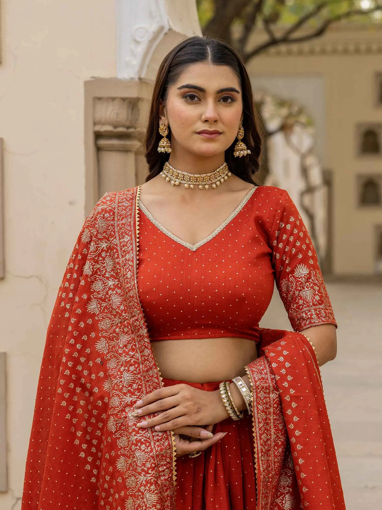Rust Lehenga With Foil Print & Swarovski