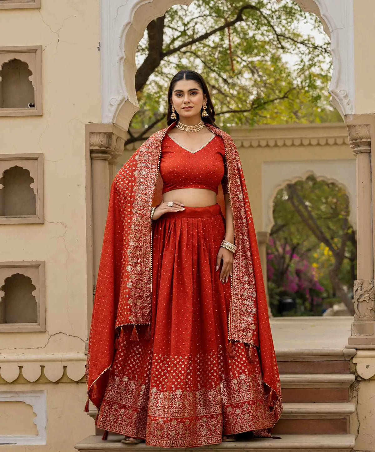Rust Lehenga With Foil Print & Swarovski