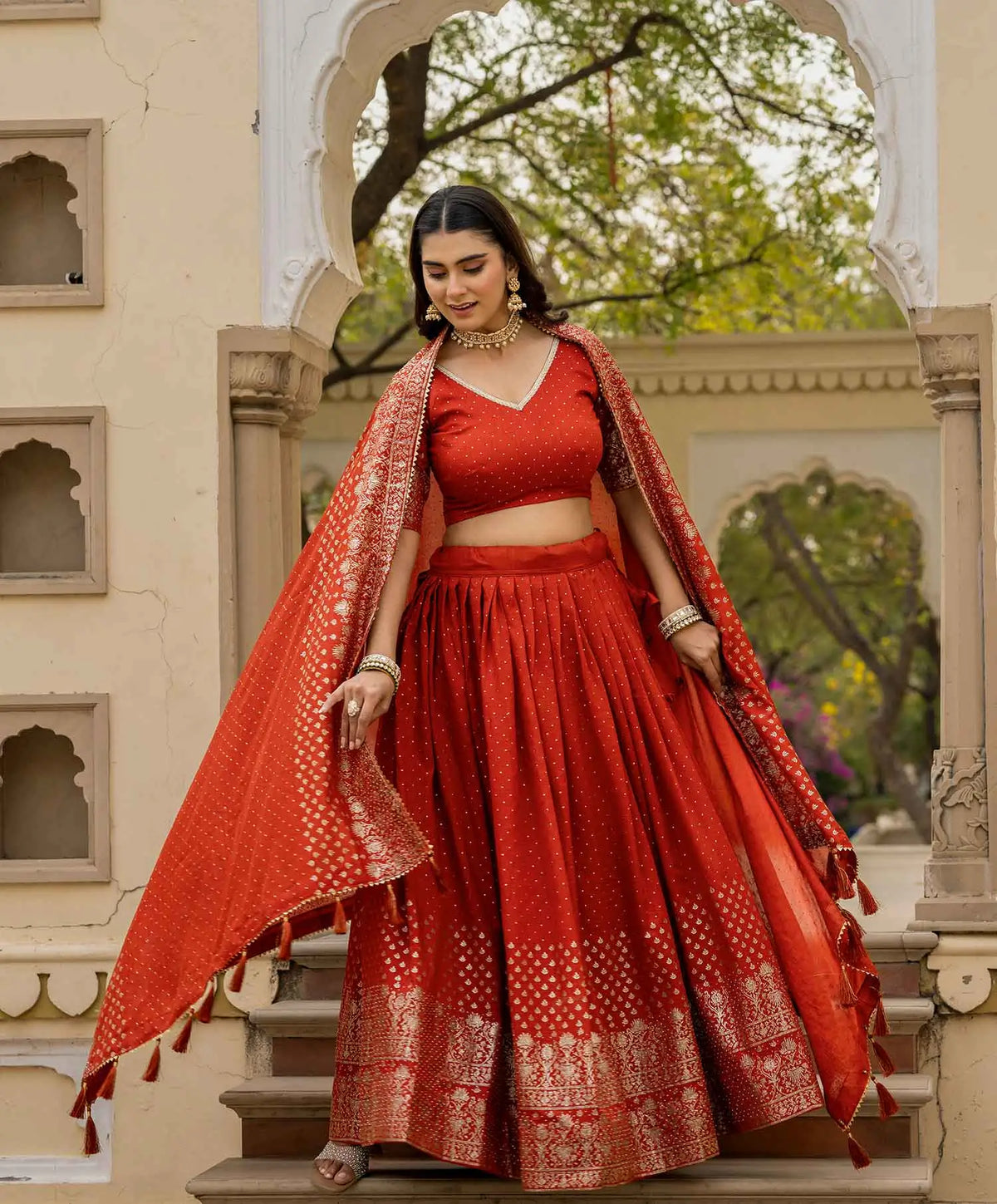Rust Lehenga With Foil Print & Swarovski