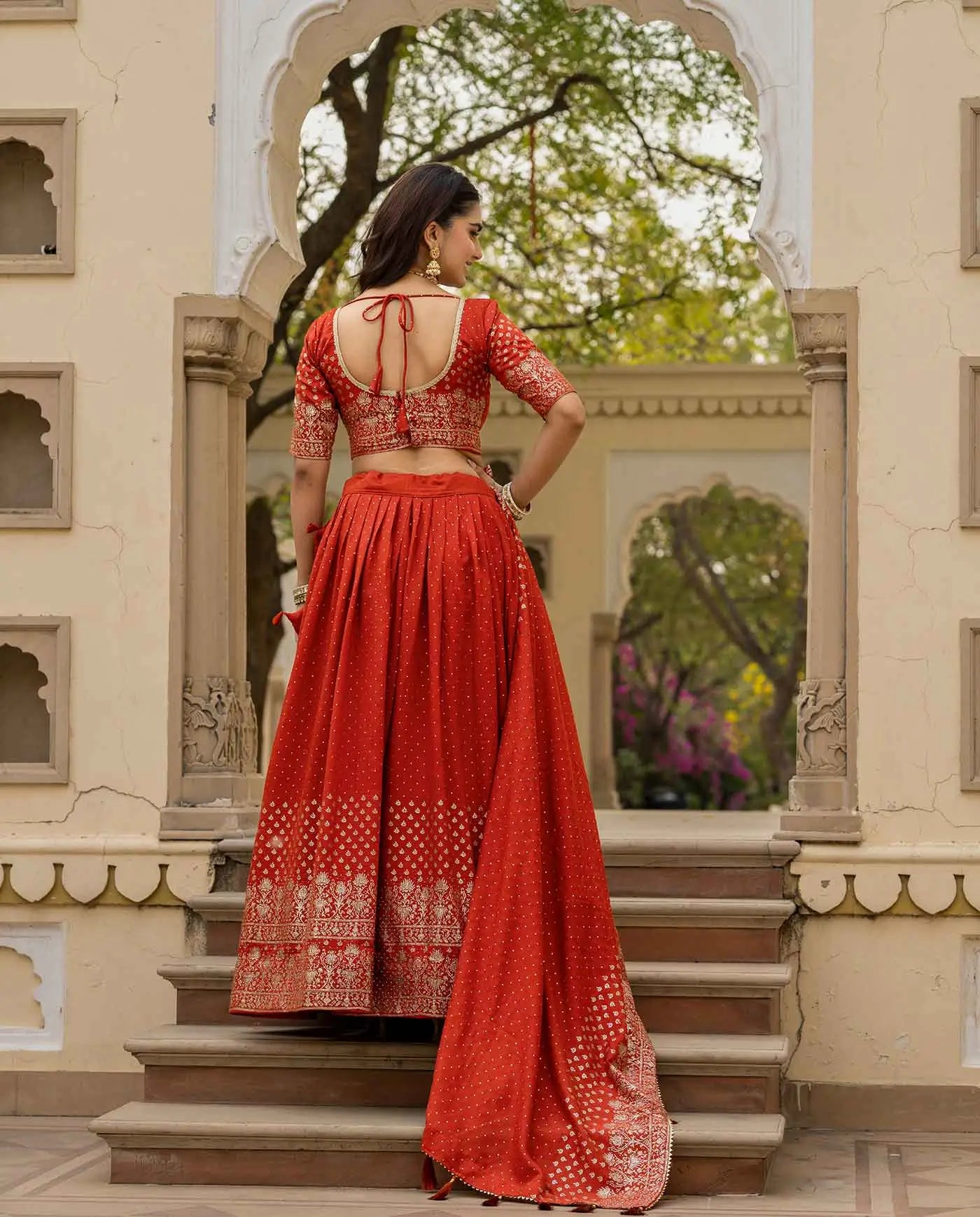Rust Lehenga With Foil Print & Swarovski