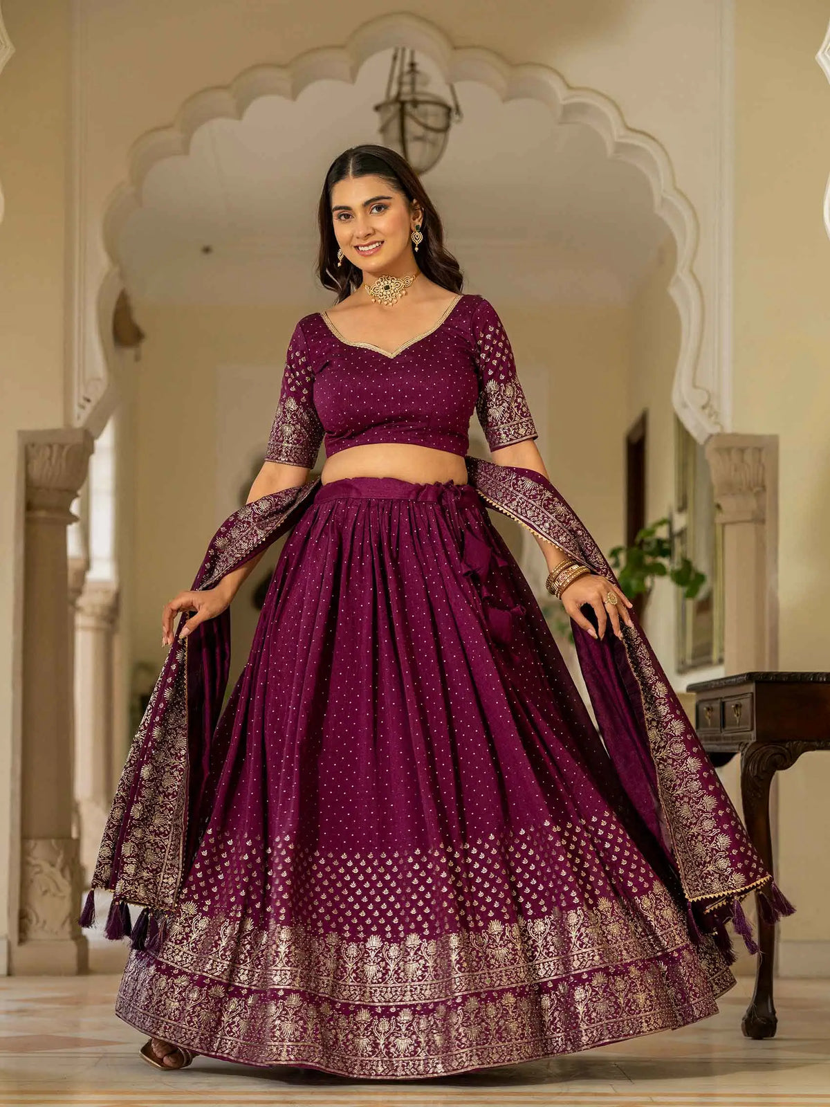 Wine Lehenga With Foil Print & Swarovski