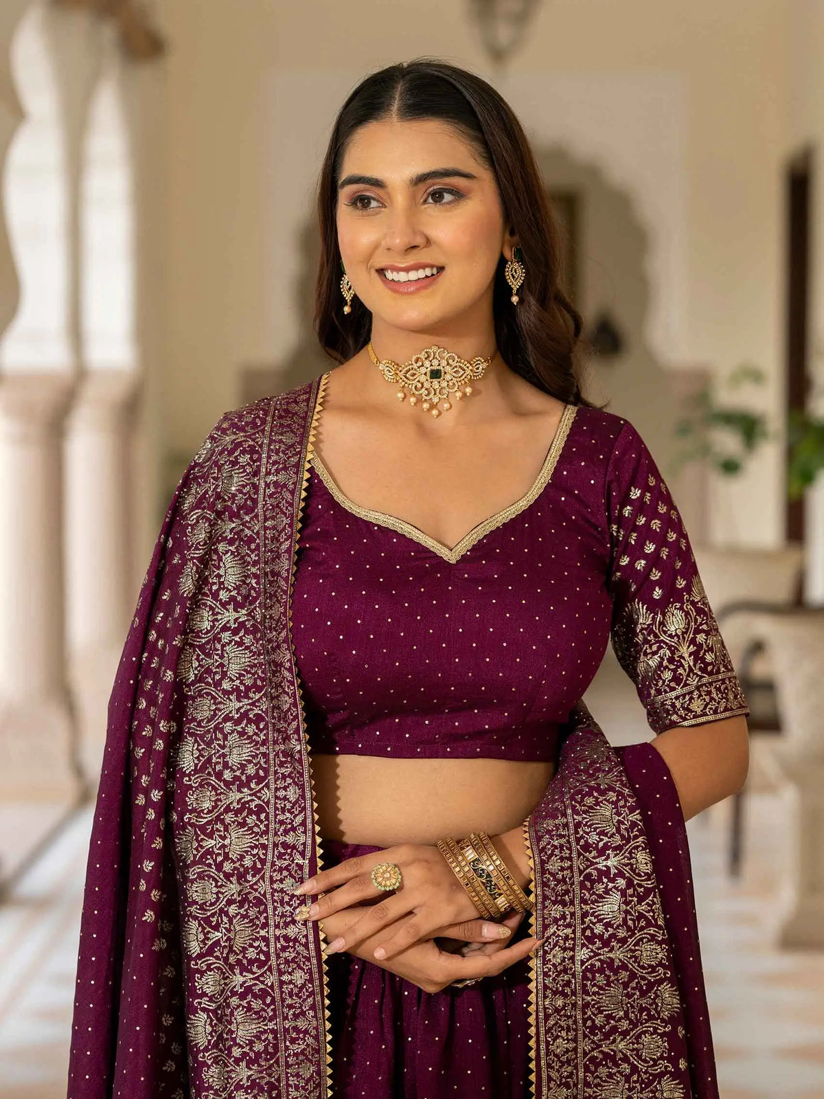 Wine Lehenga With Foil Print & Swarovski