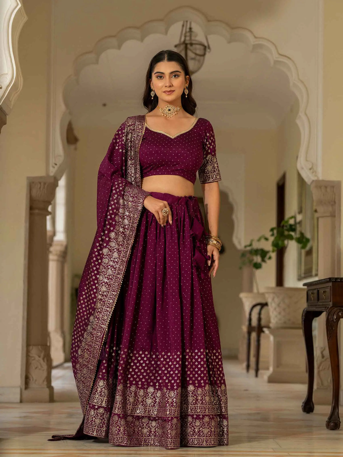 Wine Lehenga With Foil Print & Swarovski