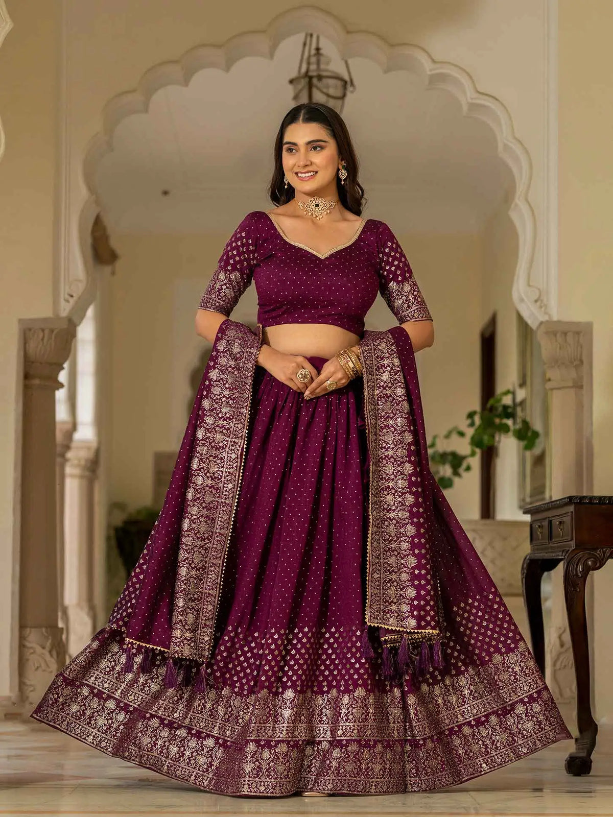 Wine Lehenga With Foil Print & Swarovski