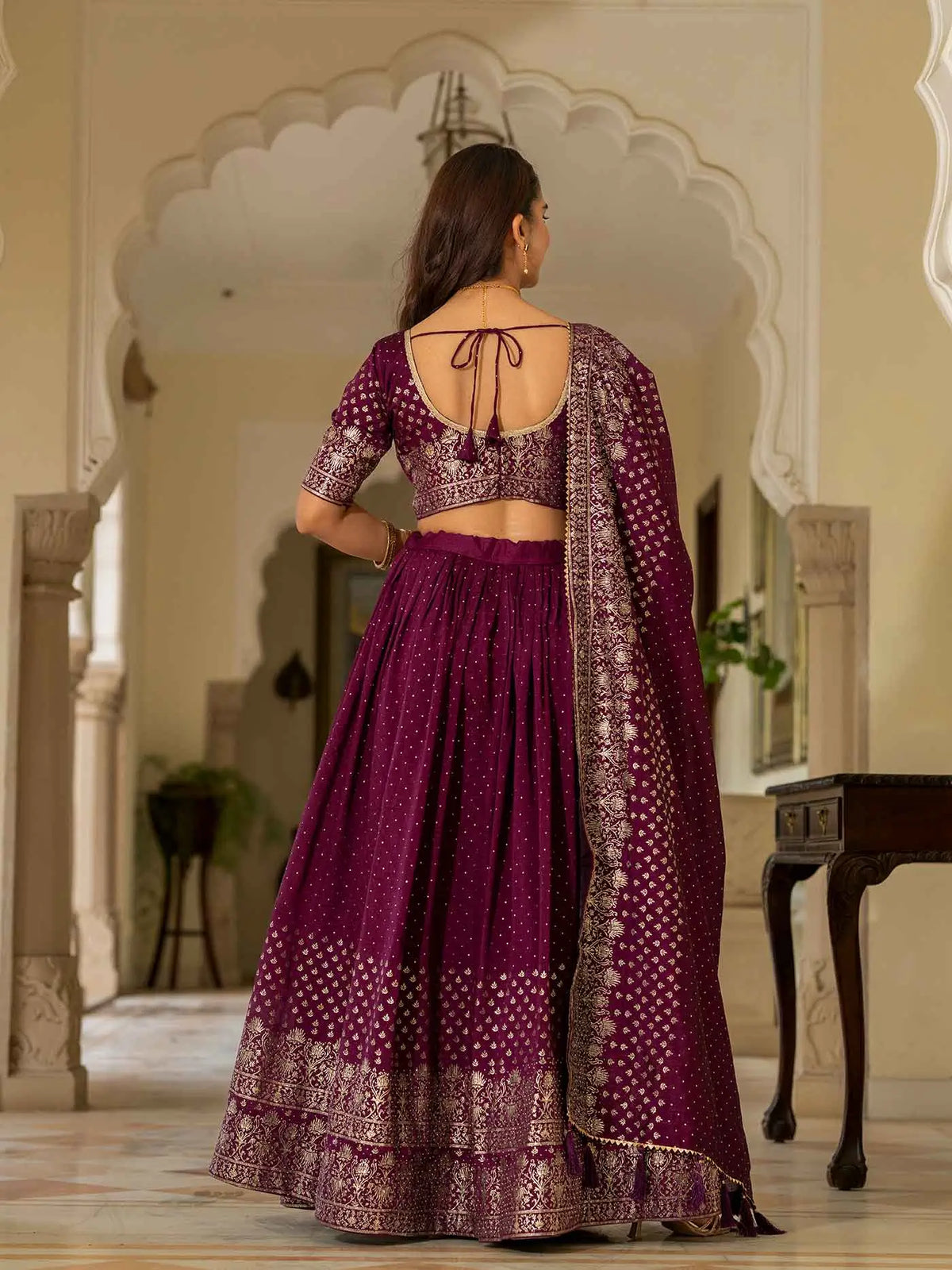 Wine Lehenga With Foil Print & Swarovski