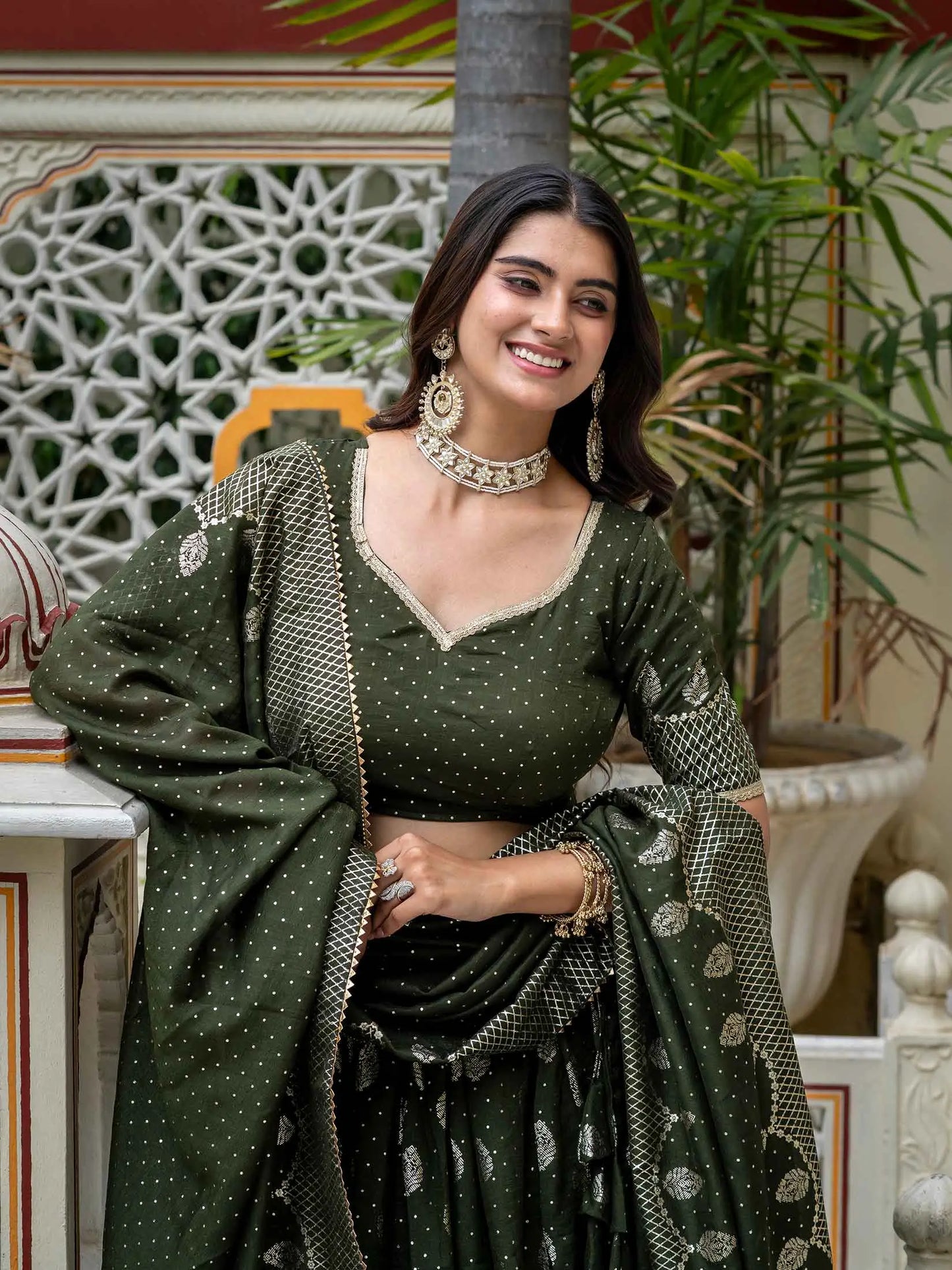 Mehndi Vichitra Silk Lehenga With Foil Print