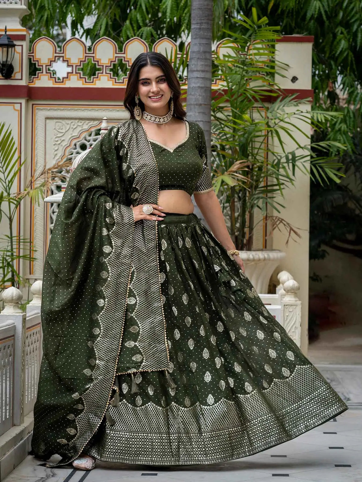 Mehndi Vichitra Silk Lehenga With Foil Print