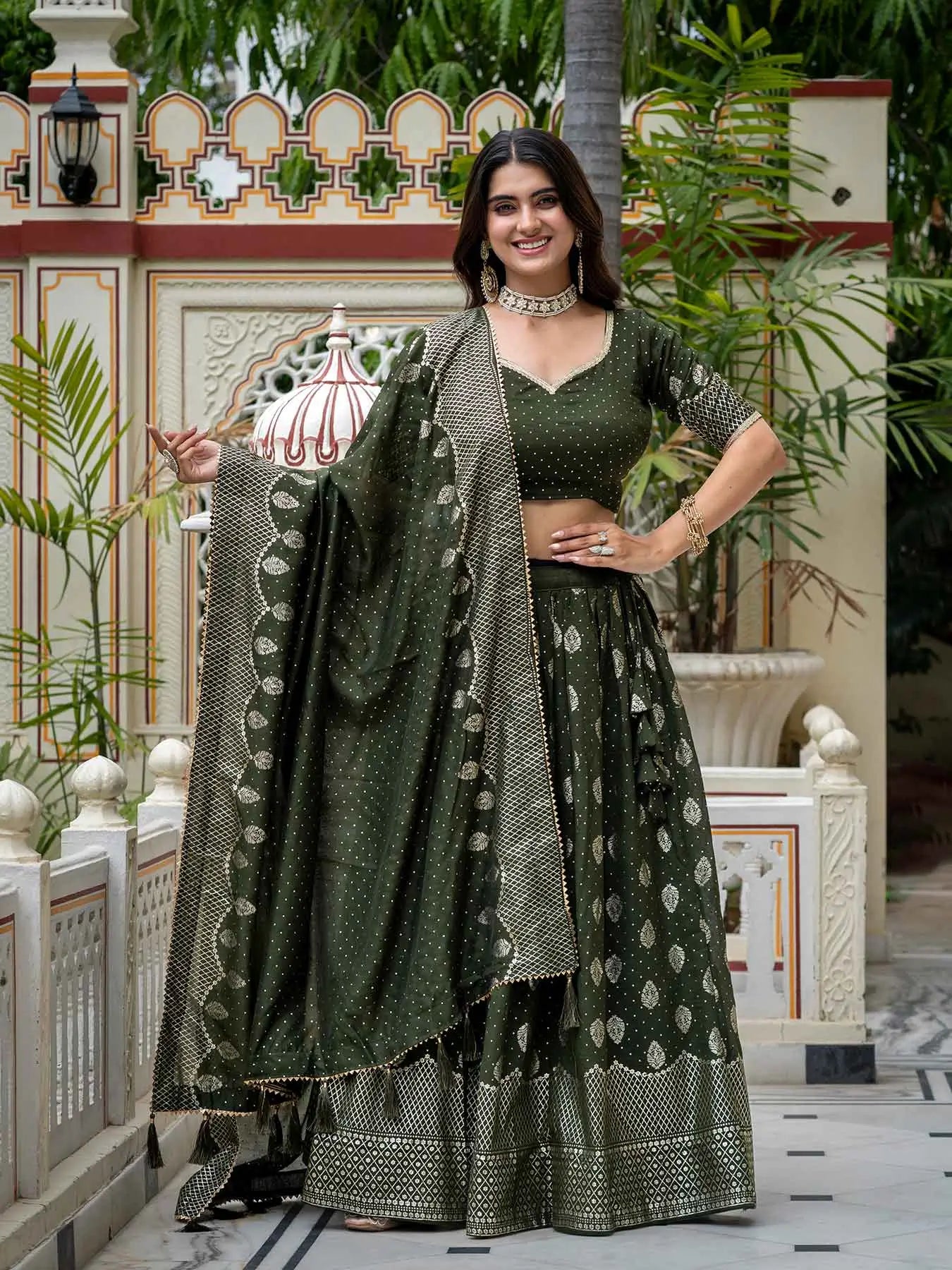 Mehndi Vichitra Silk Lehenga With Foil Print