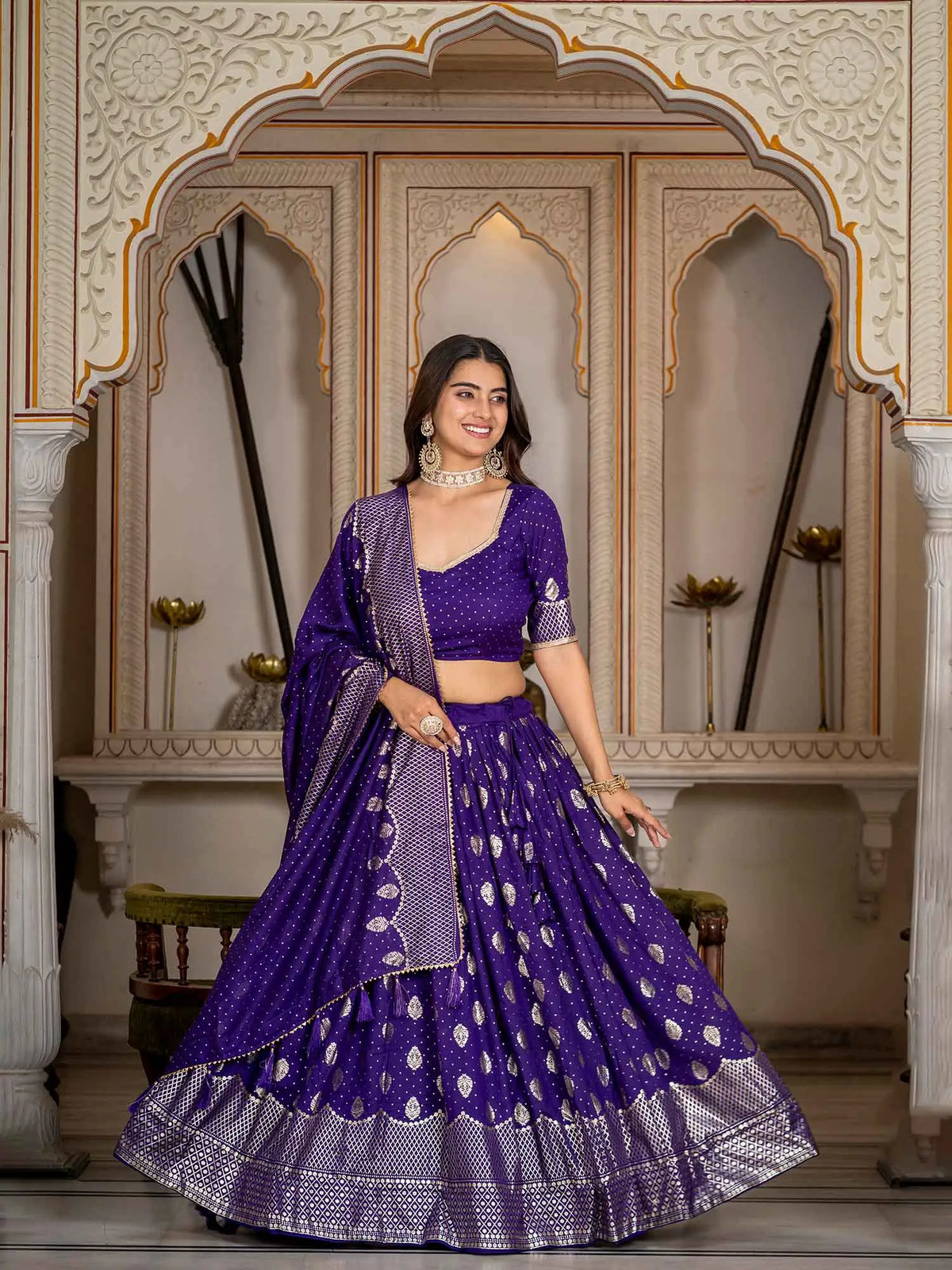Purple Vichitra Silk Lehenga With Foil Print