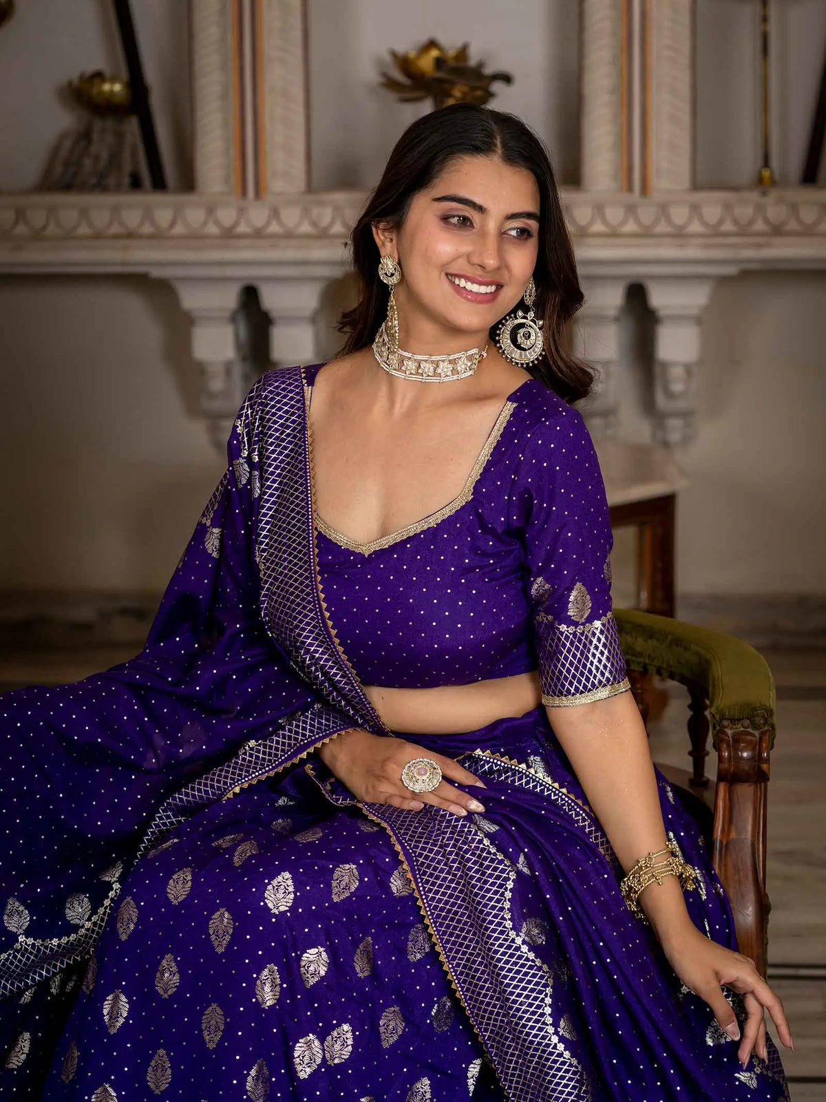 Purple Vichitra Silk Lehenga With Foil Print