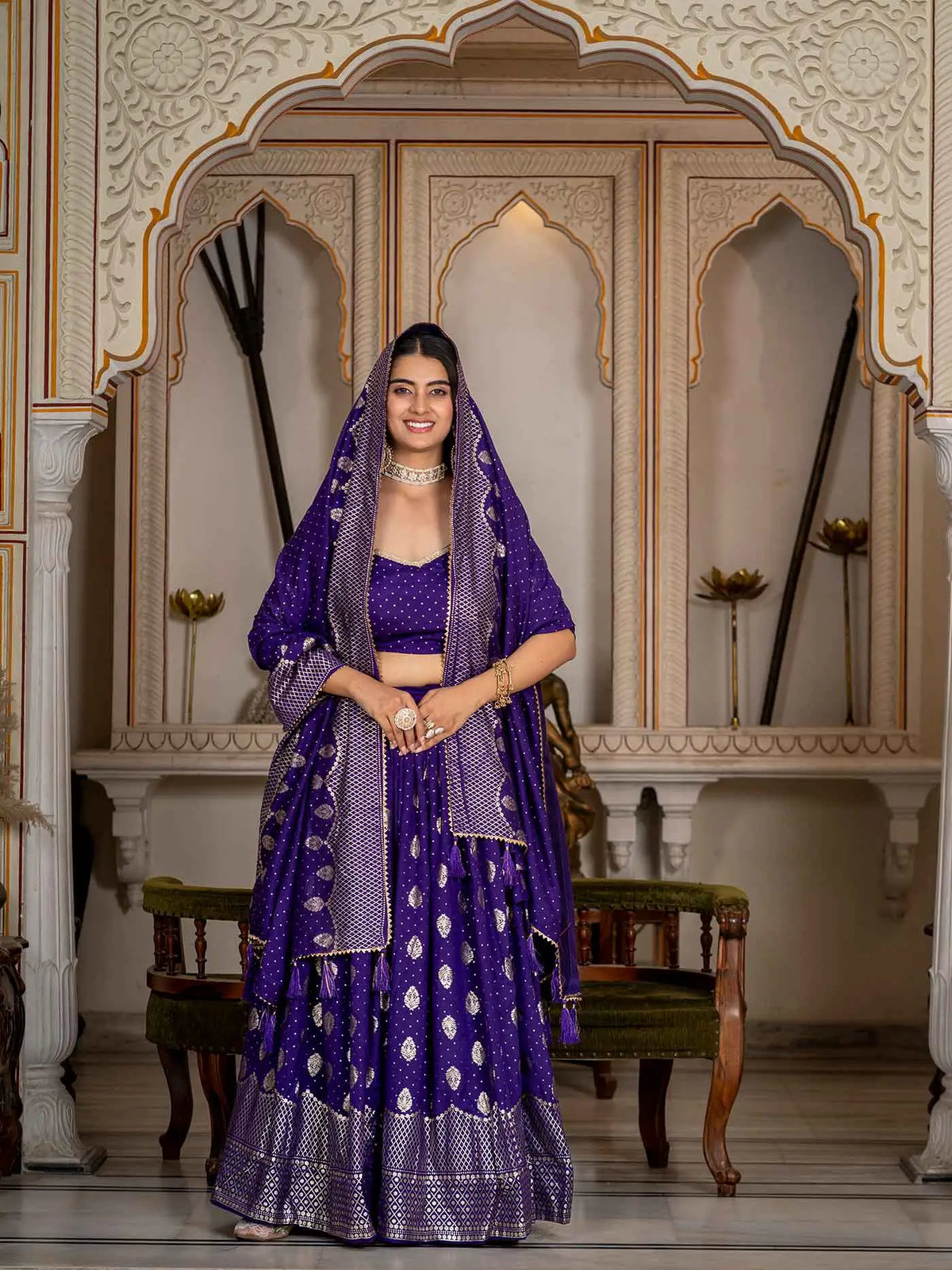 Purple Vichitra Silk Lehenga With Foil Print