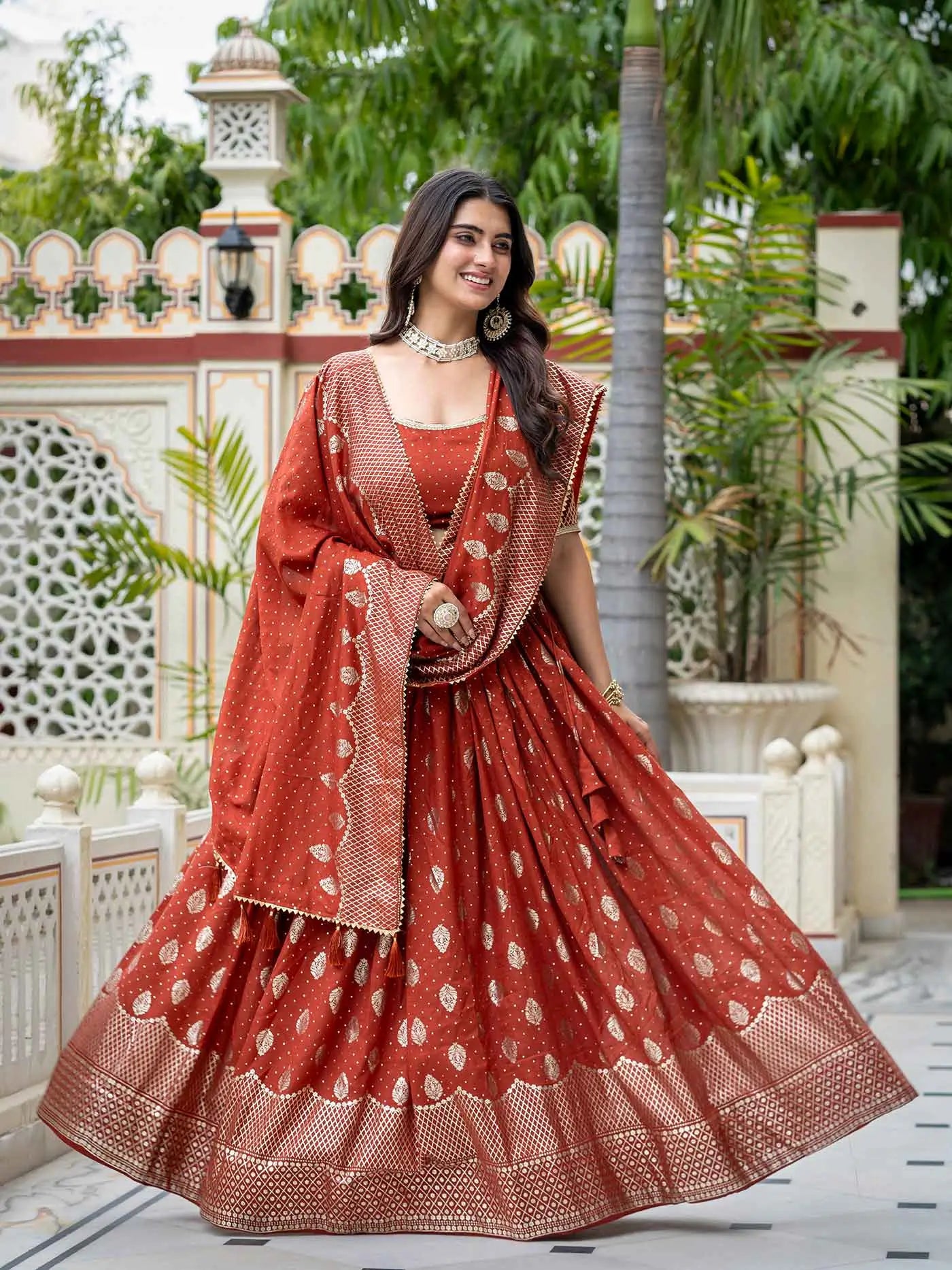 Rust Vichitra Silk Lehenga With Foil Print