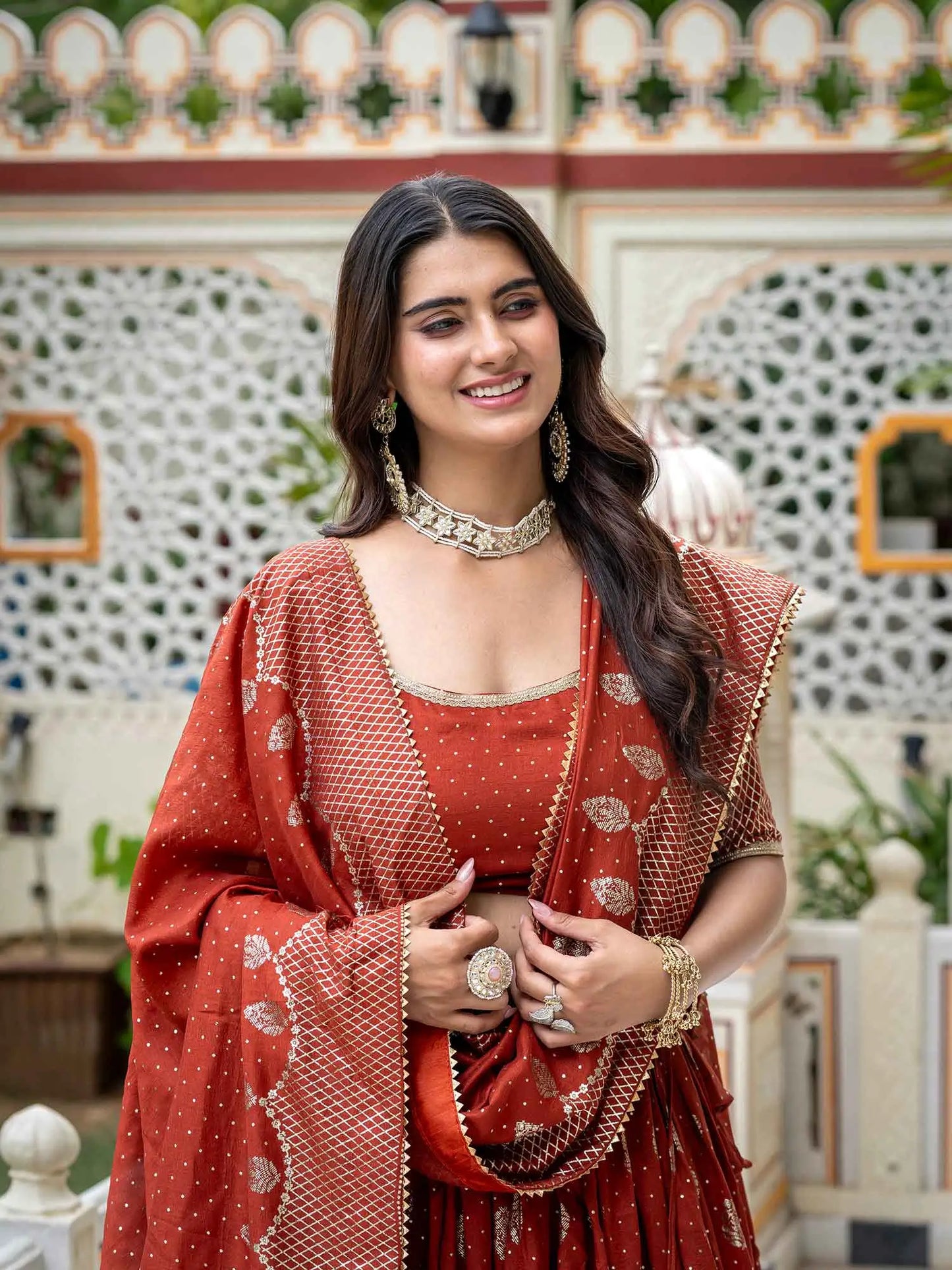 Rust Vichitra Silk Lehenga With Foil Print