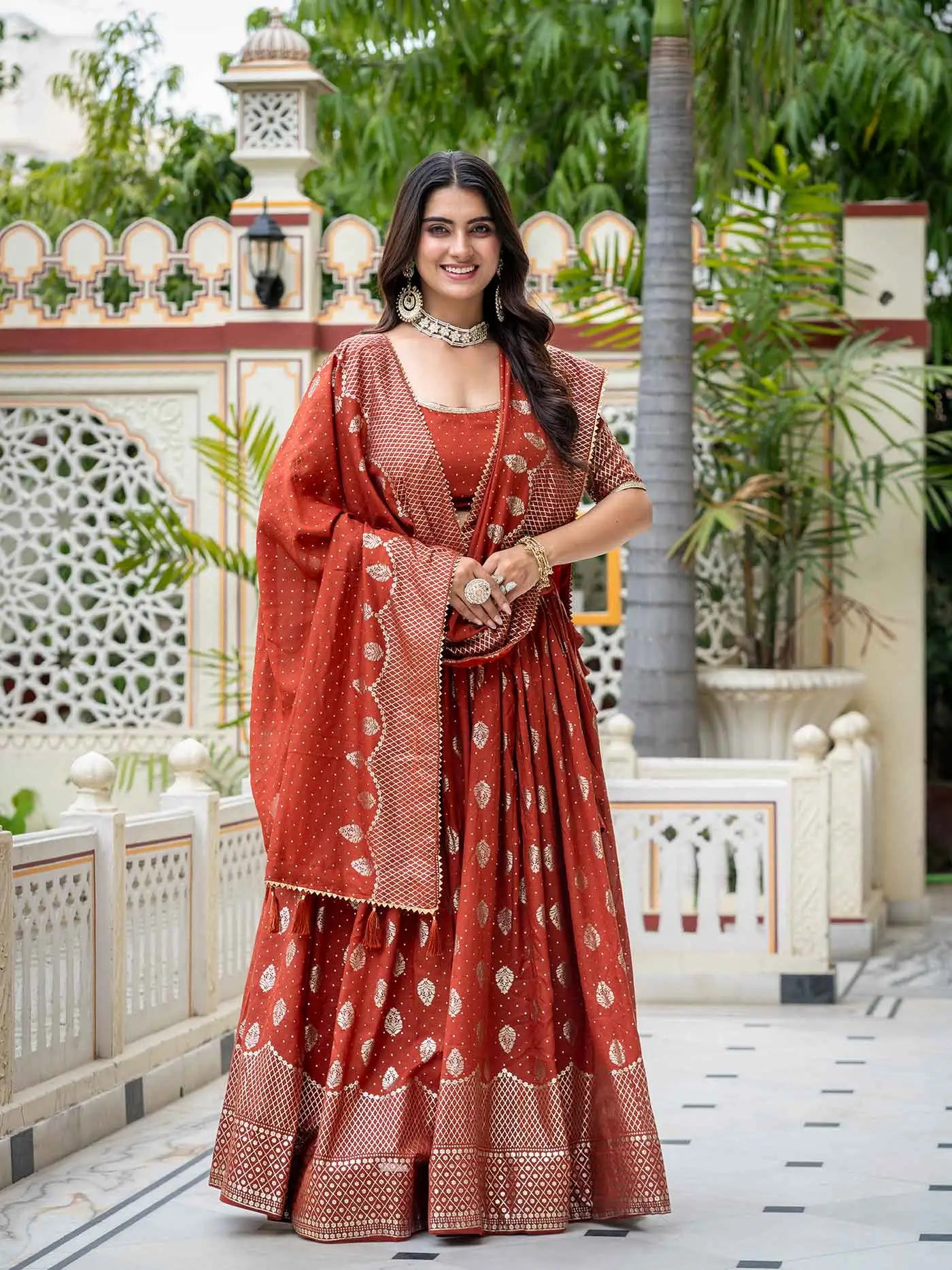 Rust Vichitra Silk Lehenga With Foil Print