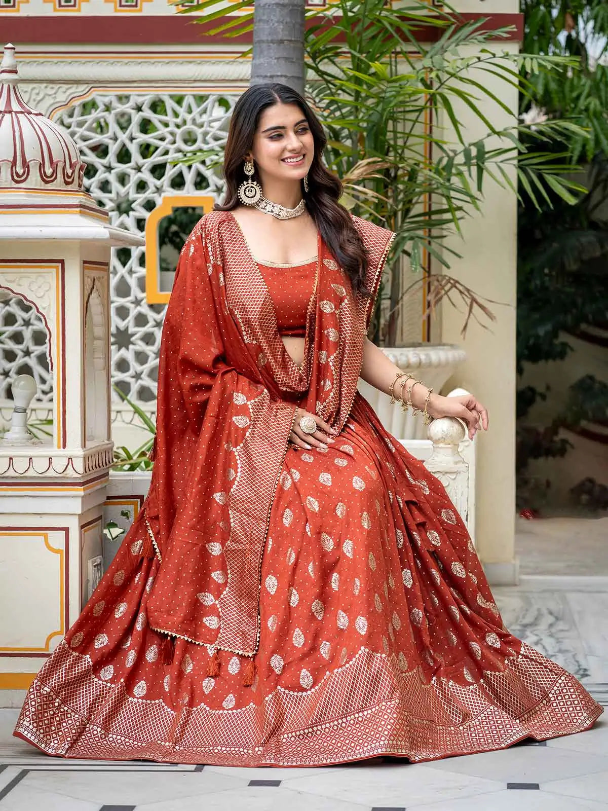 Rust Vichitra Silk Lehenga With Foil Print