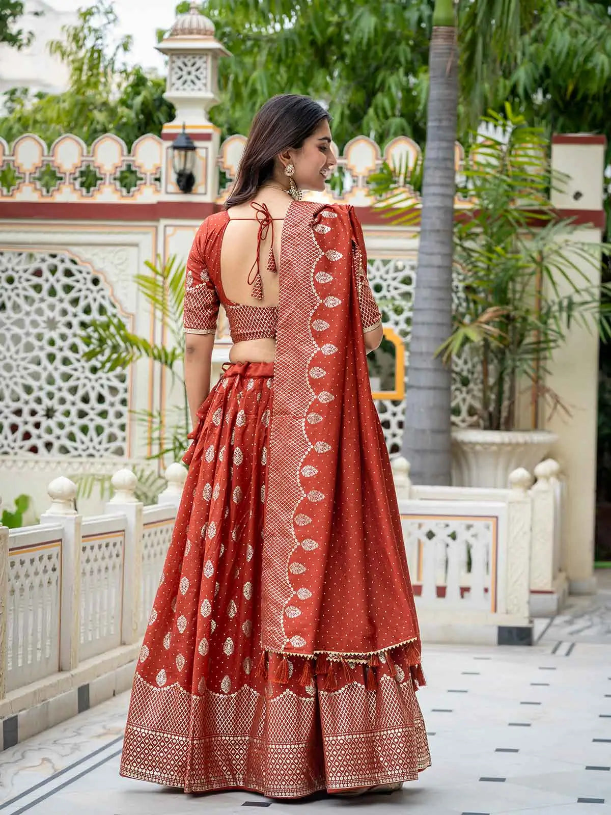 Rust Vichitra Silk Lehenga With Foil Print