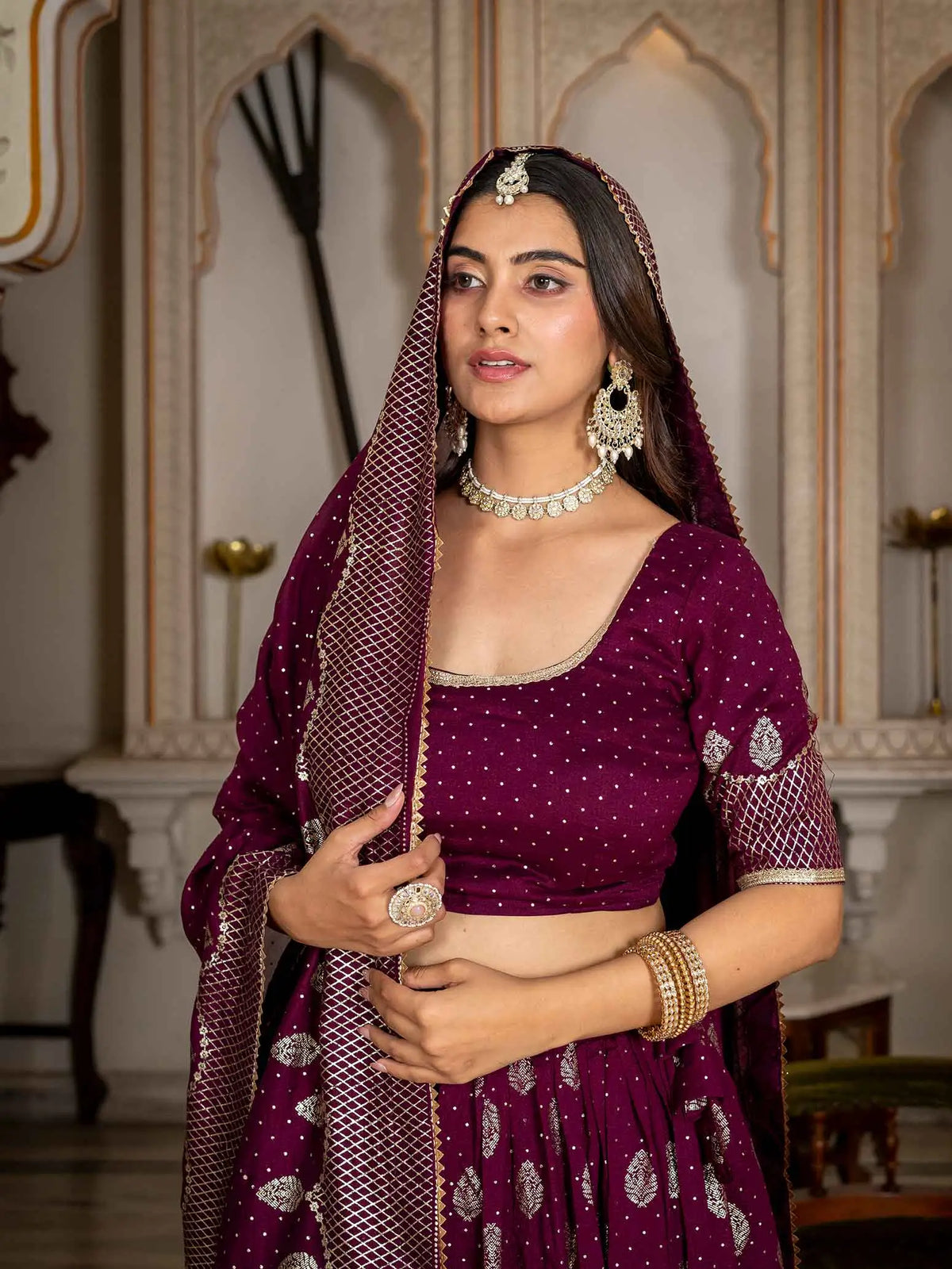 Wine Vichitra Silk Lehenga With Foil Print