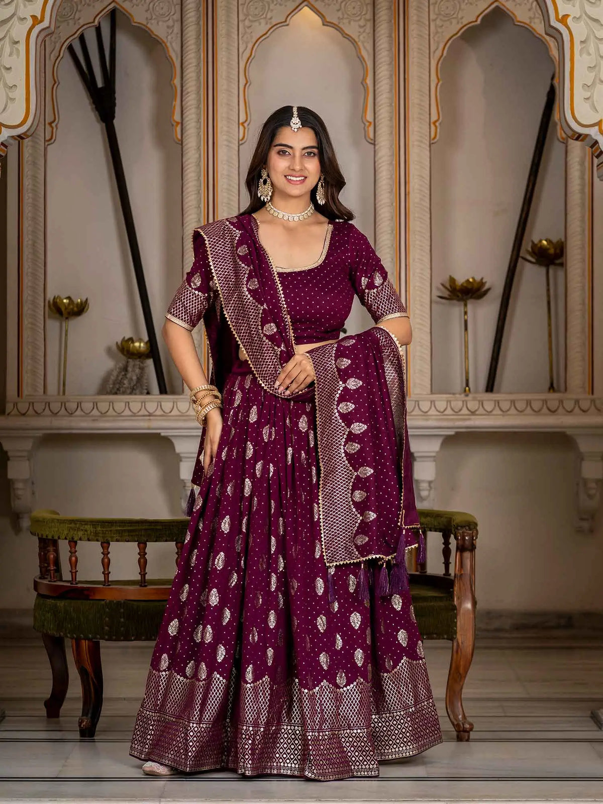 Wine Vichitra Silk Lehenga With Foil Print