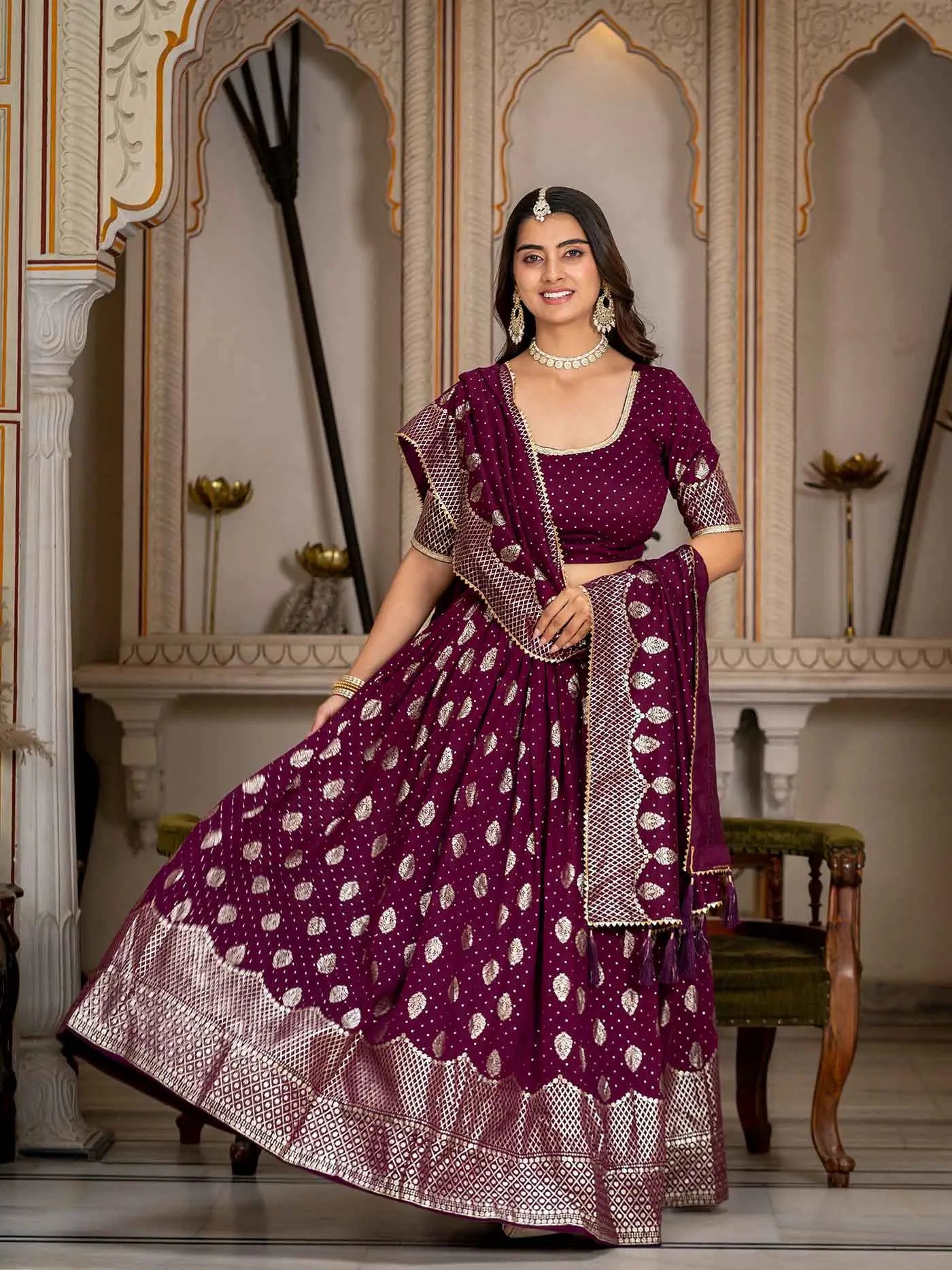 Wine Vichitra Silk Lehenga With Foil Print