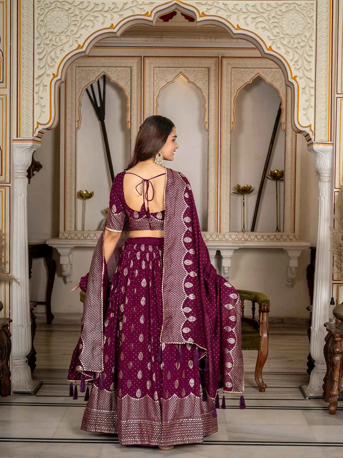 Wine Vichitra Silk Lehenga With Foil Print