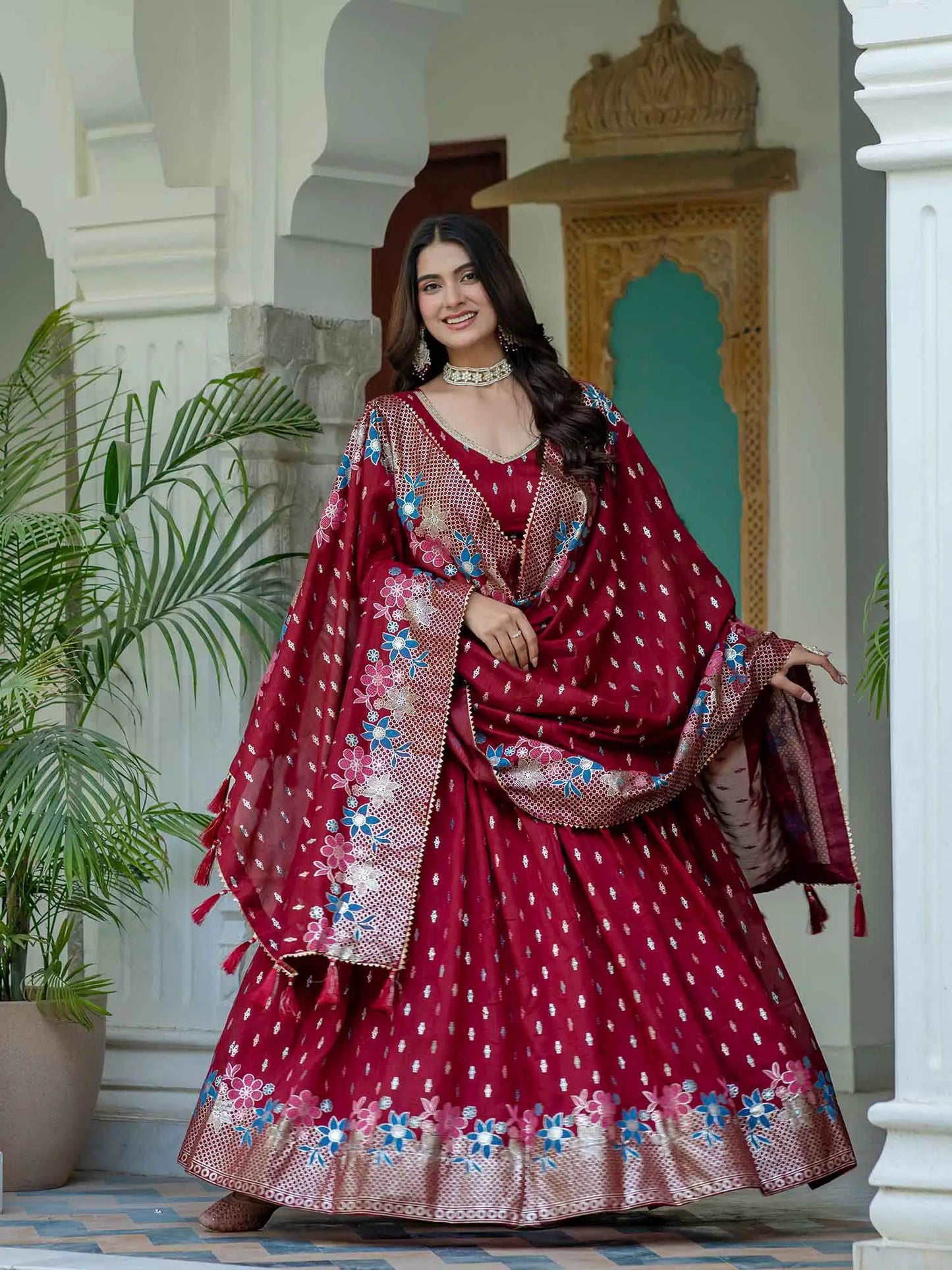Maroon Multi Color Foil Print Lehenga Choli