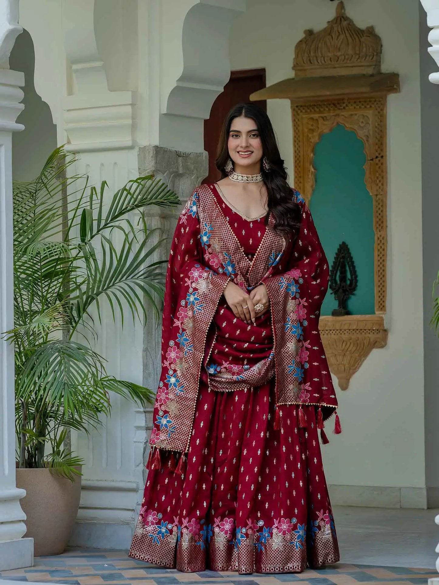 Maroon Multi Color Foil Print Lehenga Choli