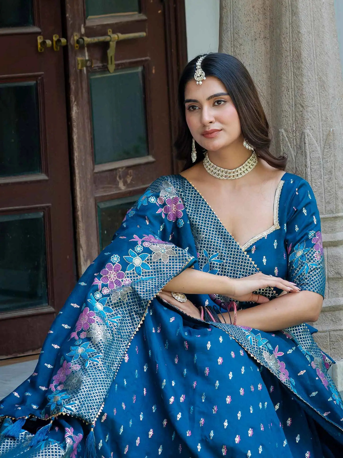 Teal Blue Multi Color Foil Print Lehenga Choli