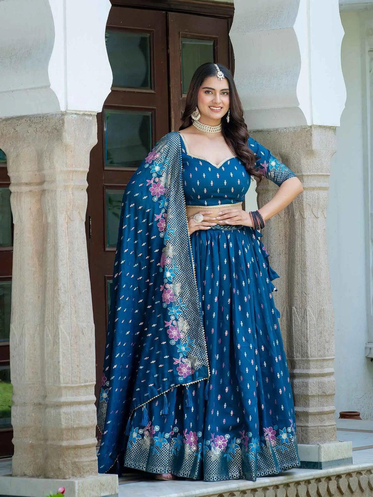 Teal Blue Multi Color Foil Print Lehenga Choli
