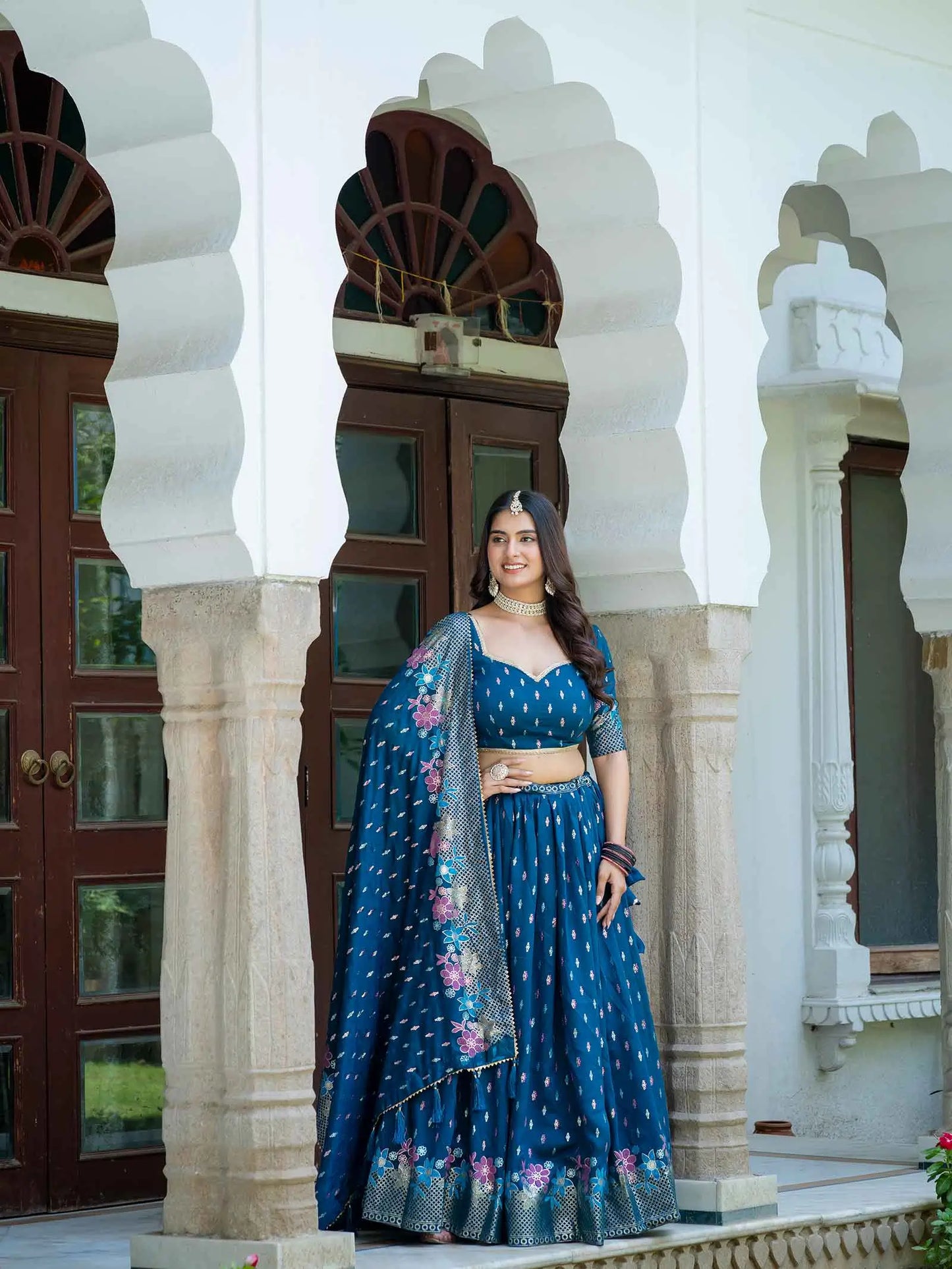 Teal Blue Multi Color Foil Print Lehenga Choli