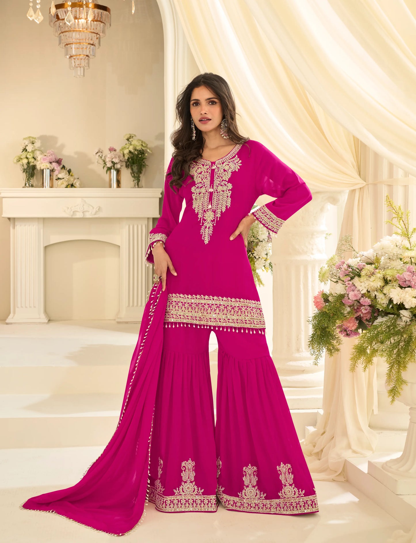 Rani Pink Georgette Embroidered Sharara Suit with Sequins Work & Matching Dupatta